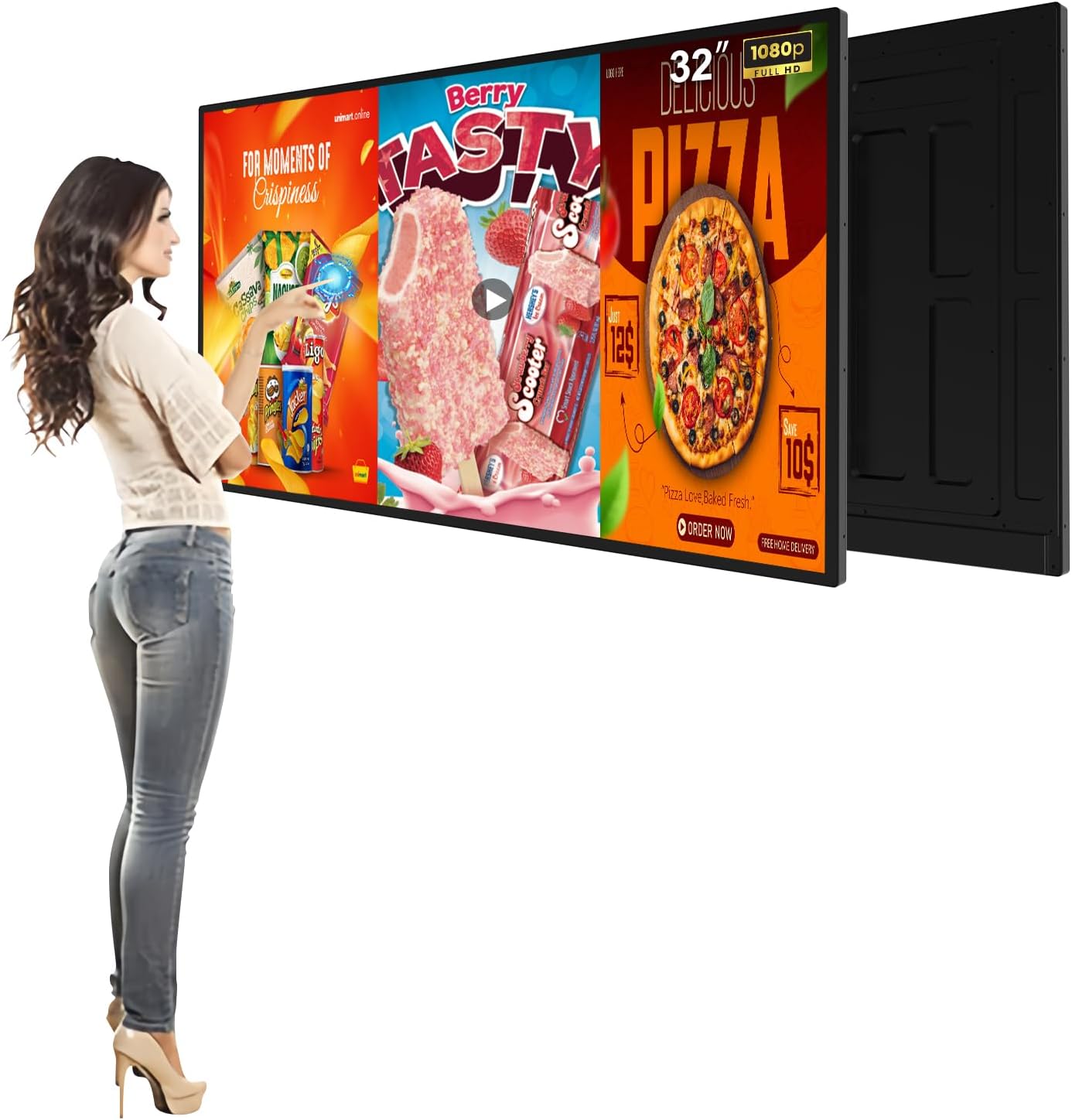 32inch Digital Display, 700nits High Brightness Touchscreen Indoor Digital Signage, LCD Advertising Display, CMS/USB/WiFi/Port Player, Smart Split Screen, 7/24 Timer Switch