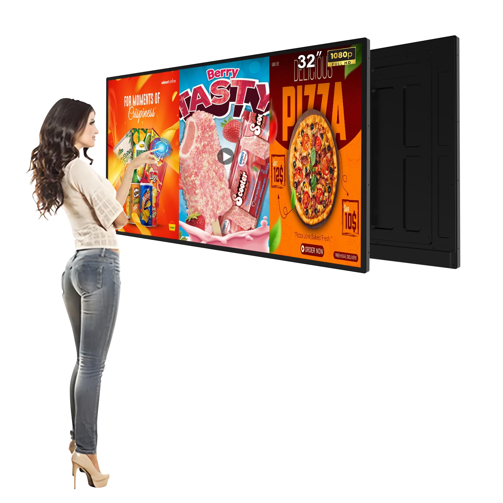 32inch Digital Display, 700nits High Brightness Touchscreen Indoor Digital Signage, LCD Advertising Display, CMS/USB/WiFi/Port Player, Smart Split Screen, 7/24 Timer Switch