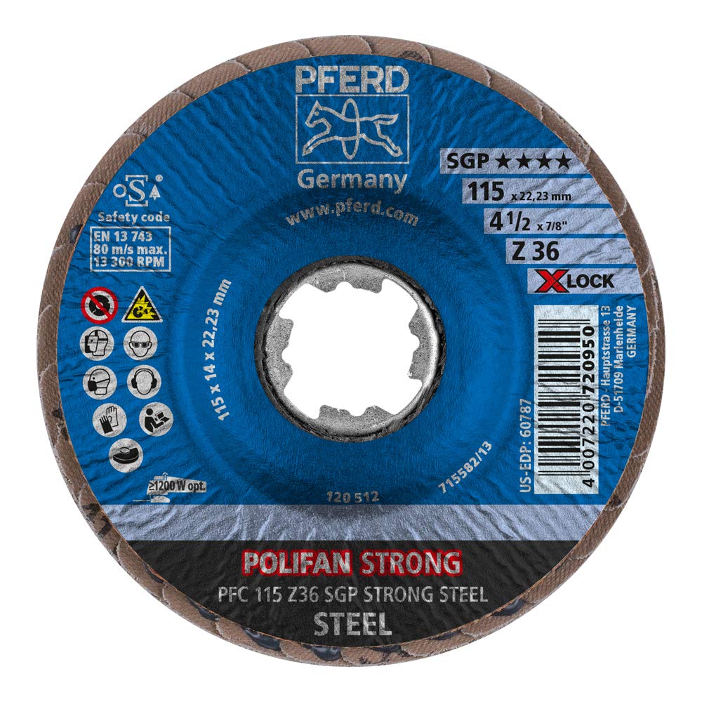 PFERD POLIFAN Disco de abanico 115 mm corindón de circonio, tamaño de grano 36, SGP STRONG STEEL, grabación X-LOCK (22,23 mm), 10 unidades – para el mayor desgaste y menor consumo de disco