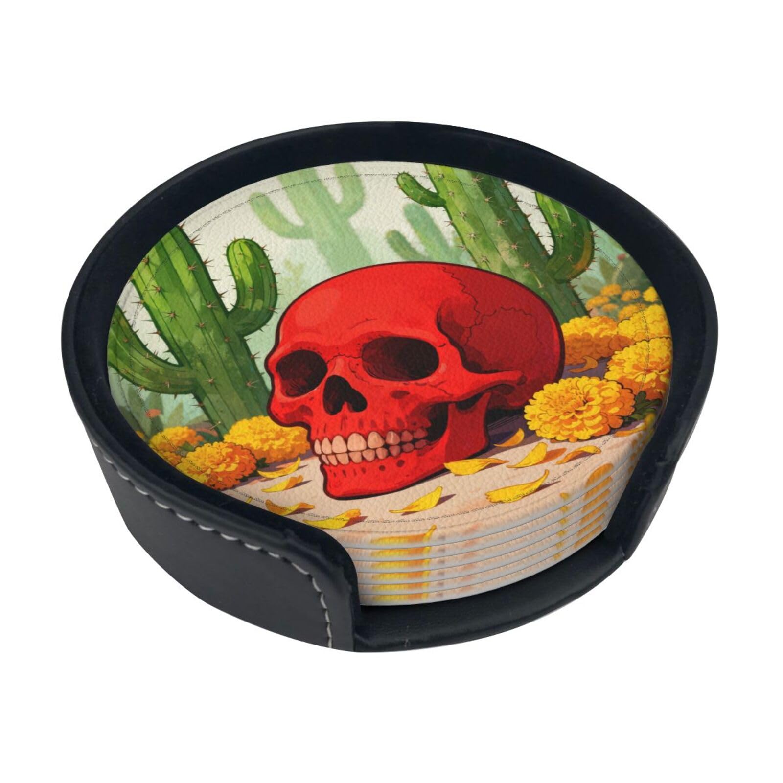 Cntdbu White Mexico Skull Three Leather Coasters Set Of 6-Pu Leather Drink Mats For Table, Heat Resistant Round Coasters With Holder