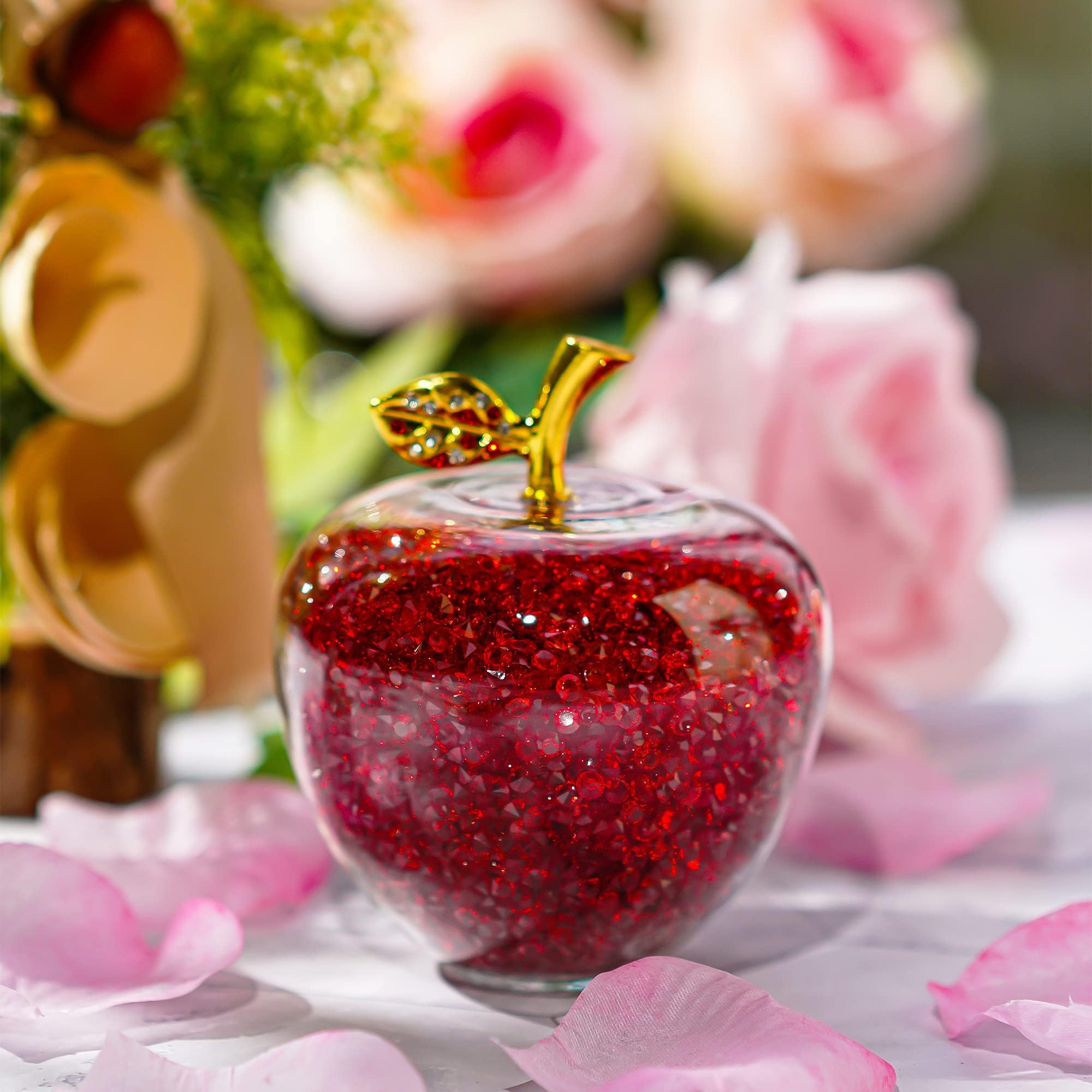 H&D Hyaline&Dora Red Crystal Apple Figurine Paperweight, Glass Apple Collectible with Filling Rhinestones Ornament for Home Table Decor Christmas