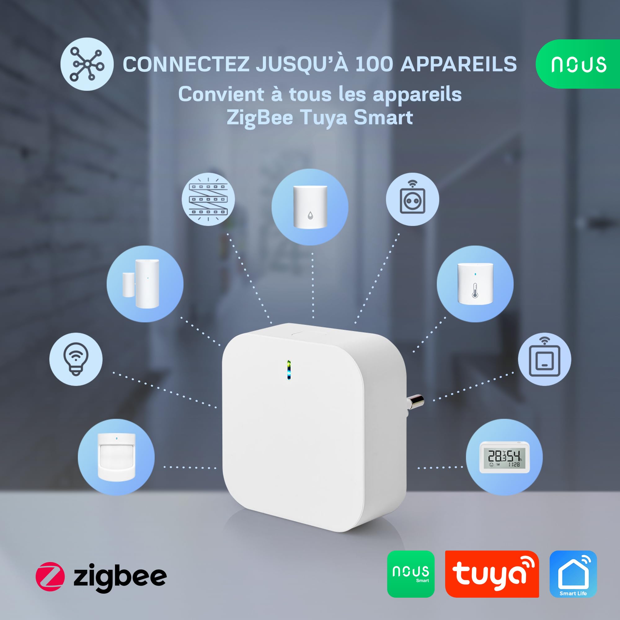 NOUS Passerelle ZigBee Prise E1, jusqu'à 128 appareils Tuya, Smart Life, ZigBee 3.0 Prises, Interrupteur, Relais, Volet Roulant, Ampoule et Rubans LED. Wi-FI 2,4 GHz