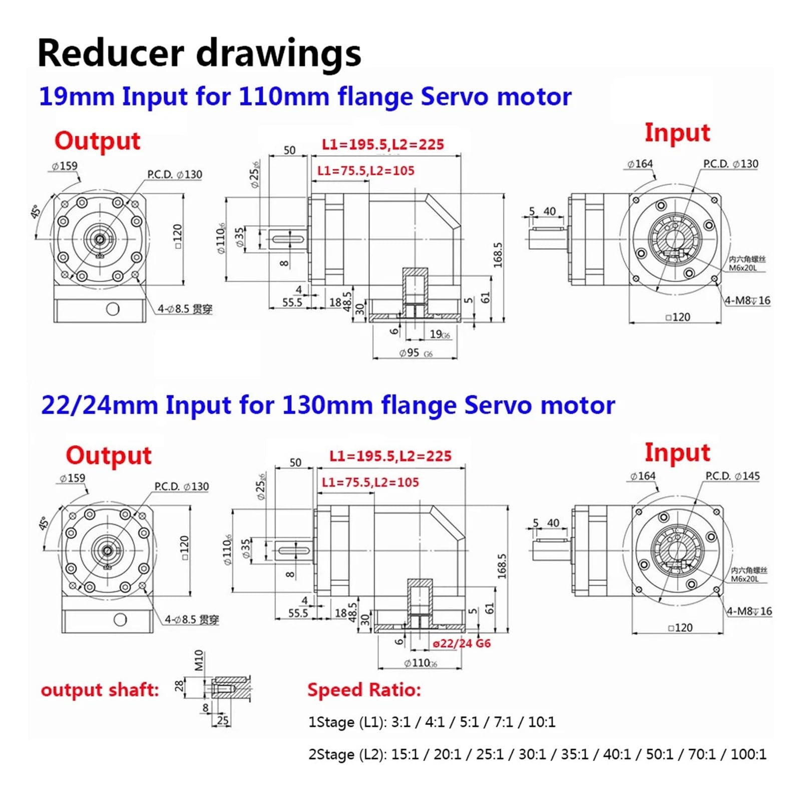 Riduttore epicicloidale ad angolo retto di 90 gradi alta precisione da 10 arcmin, ingresso 24 mm, riduttore 3~100:1, servomotore 110 a 130, 1~3 kW(Ratio 7,24mm input)