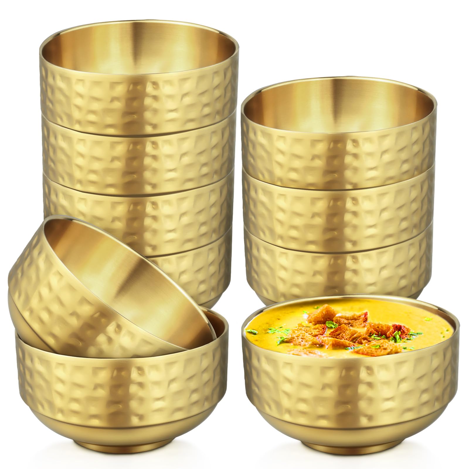 Photo 1 of Roucerlin 10 Pcs 4.5 In Gold Stainless Steel Bowls Small, 13Oz Double Walled Soup Bowls, Thick Non Slip Appetizer Snack, Small Metal Serving for Sauces, Rice, Noodles, Ice Cream, Oat (10 Pcs)