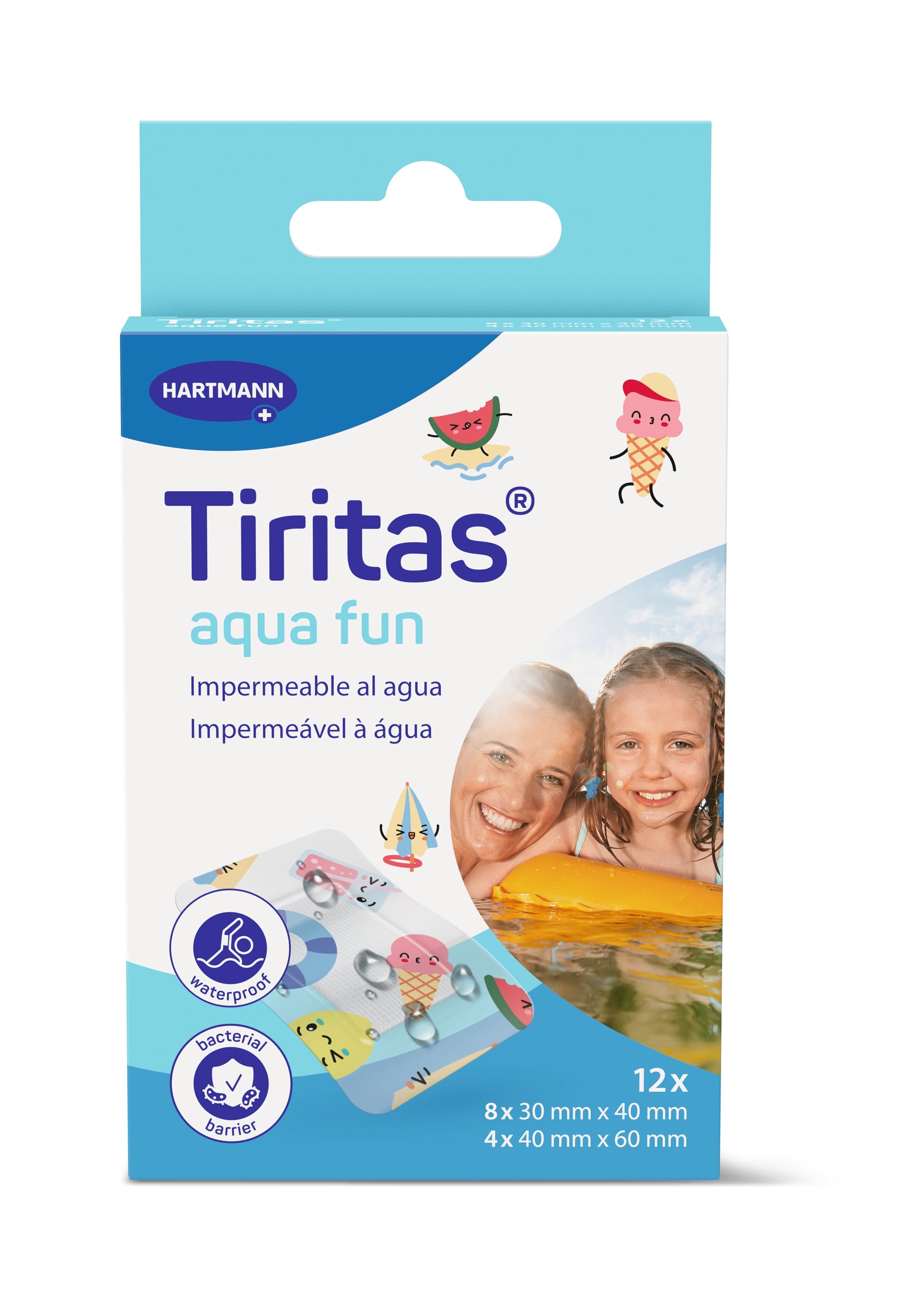 TIRITAS Aqua Kids: Apósitos aptos para contacto con agua; Con adhesivo hipoalergénico y diseños efecto tattoo perfectas para para niños. Dejan transpirar la piel; 2 tamaños; 12 unidades