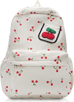 Cherry Corduroy Backpack, Large Capacity Cute Backpack, White Girls School Bag for School Travel Daily Use, Funny Cherry Gifts for Women Girls Teenagers and Children