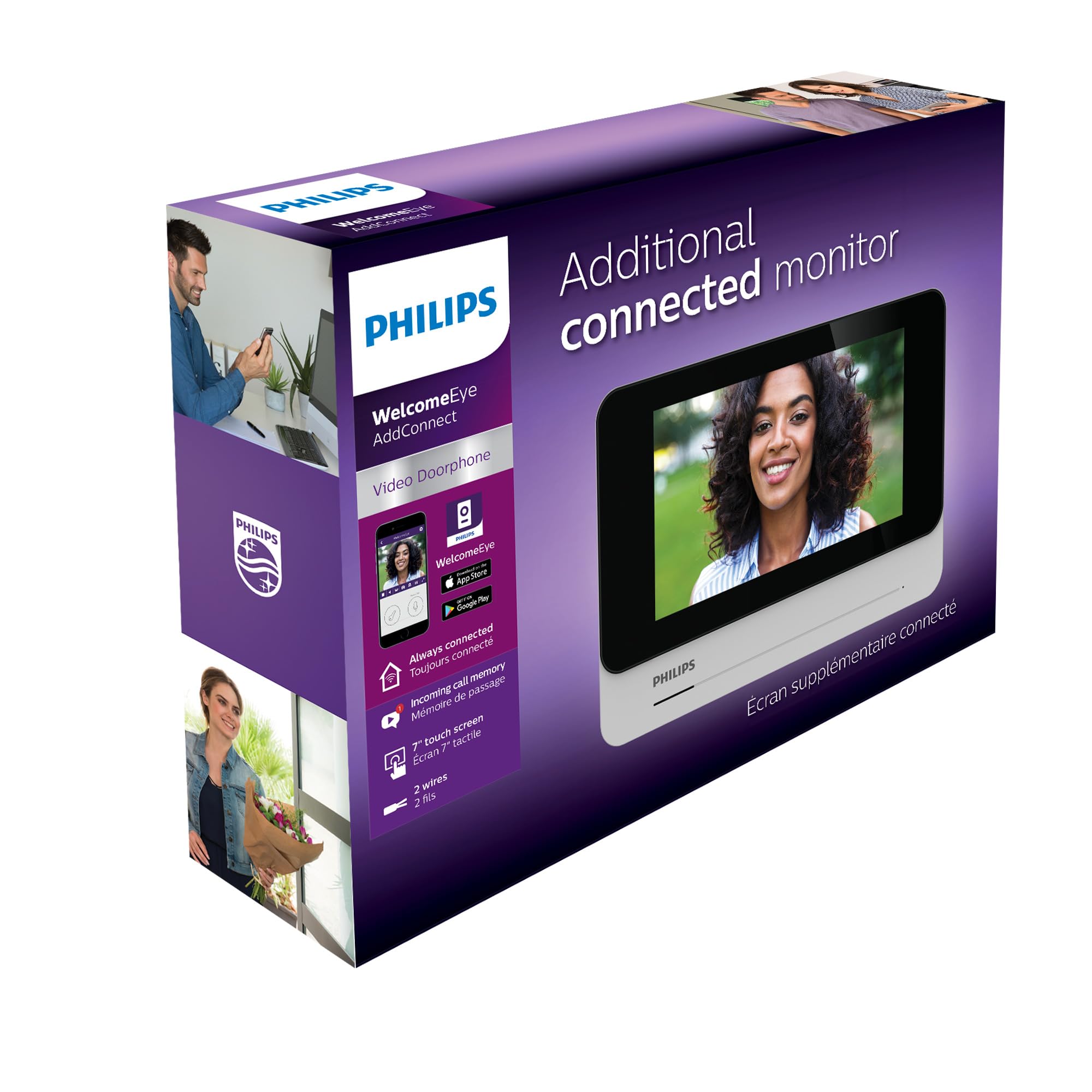 PHILIPS WelcomeEye AddConnect - Moniteur Supplémentaire Connecté 7" pour Visiophone WelcomeEye Connect/Connect 2/3, Écran Tactile Ultra-Plat, Installation 2 Fils, Fonction Intercom, Noir/Aluminium | Écran tactile 7", 2 fils jusqu'à 120 m, application Welc