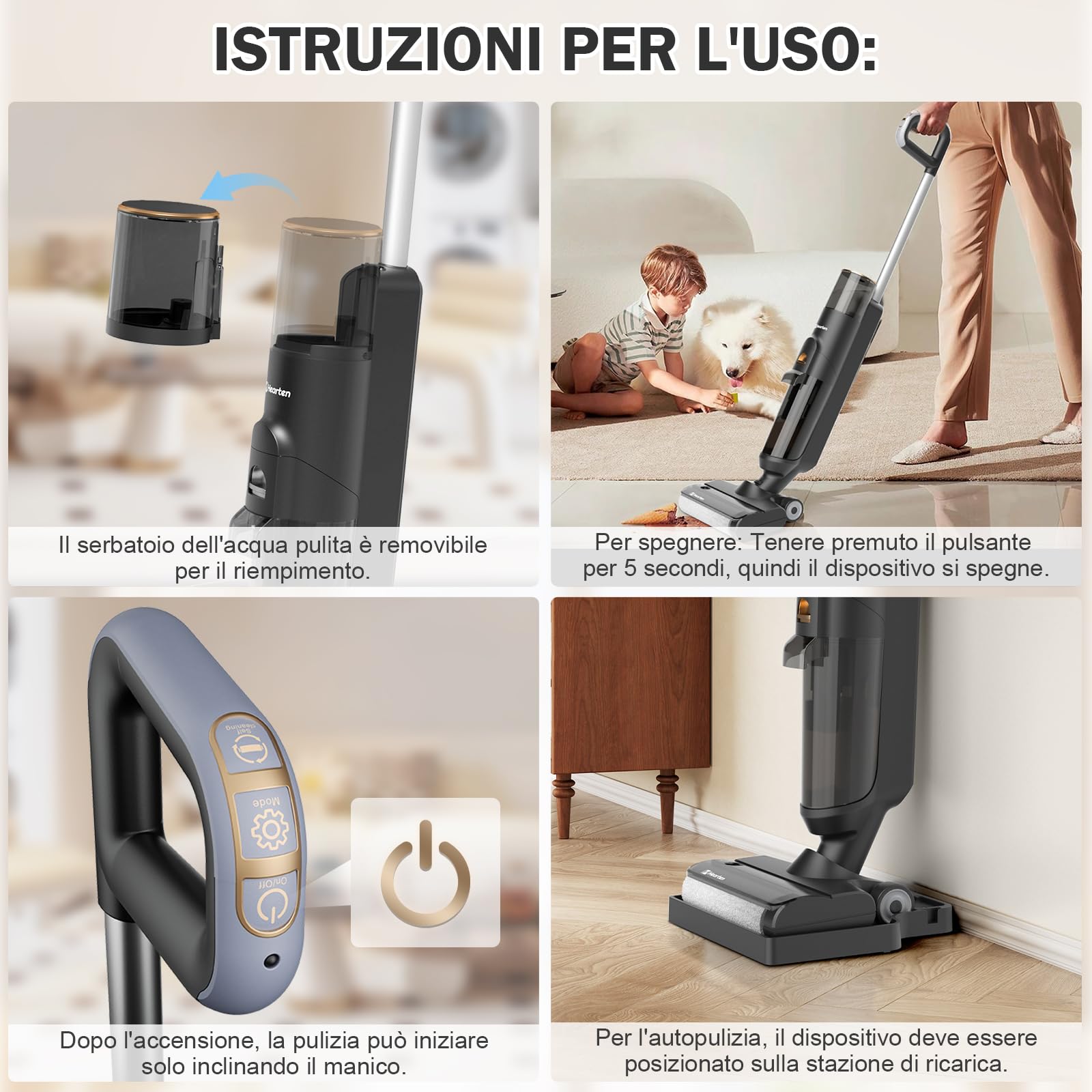 Hearten Lavapavimenti Senza Filo,Aspirapolvere Lavapavimenti Smart 3 in 1, Aspira e Lava, Auto-Pulente, Anti-Groviglio, Display LED – 0,7 mm, Regolazione Automatica, Per Peli Animali Scrubber