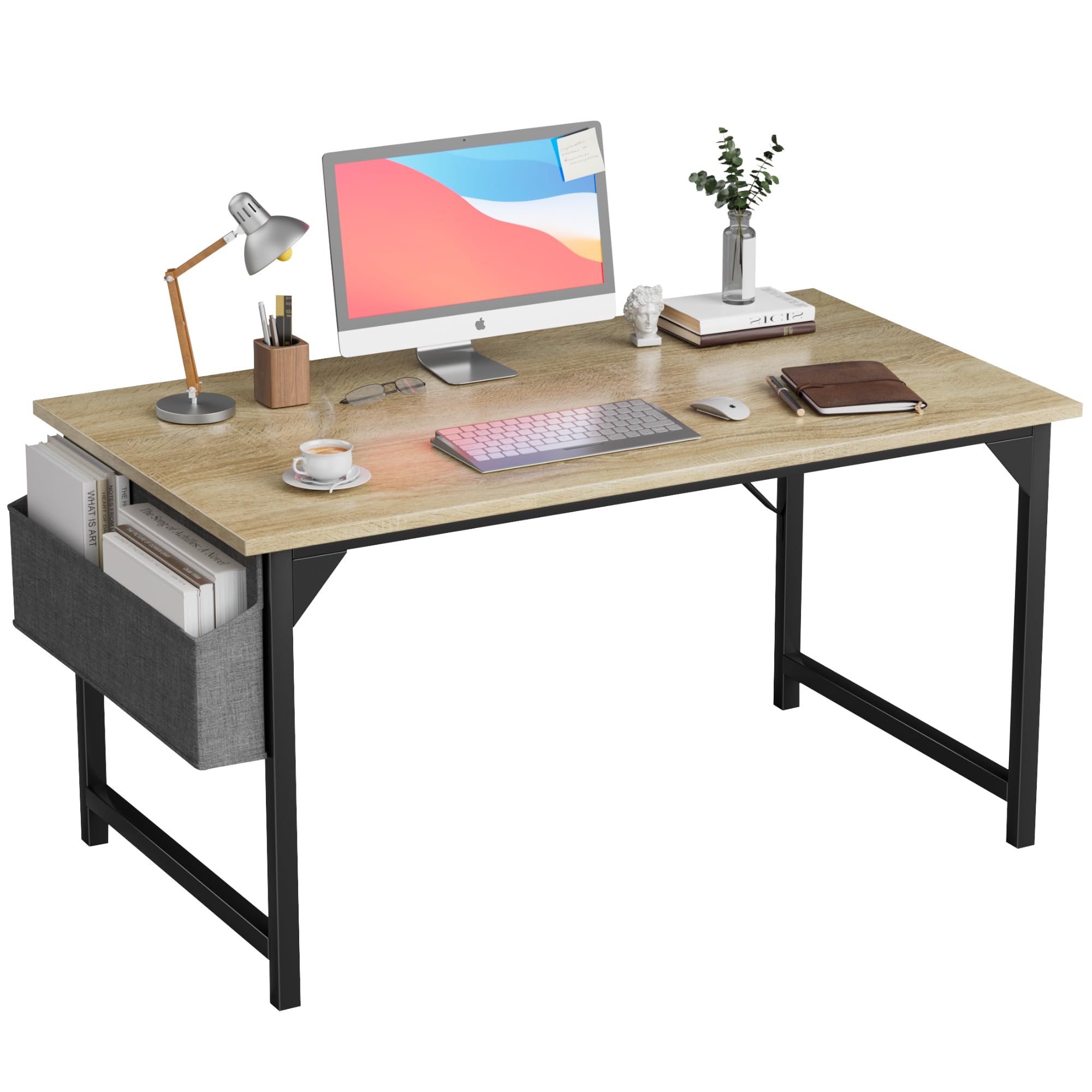 Furmax Computer Desk 48 Inch Small Office Desk with Storage Bag & Headphone Hook, Workstation for Home Office, Modern Writing Study Table (Oak)