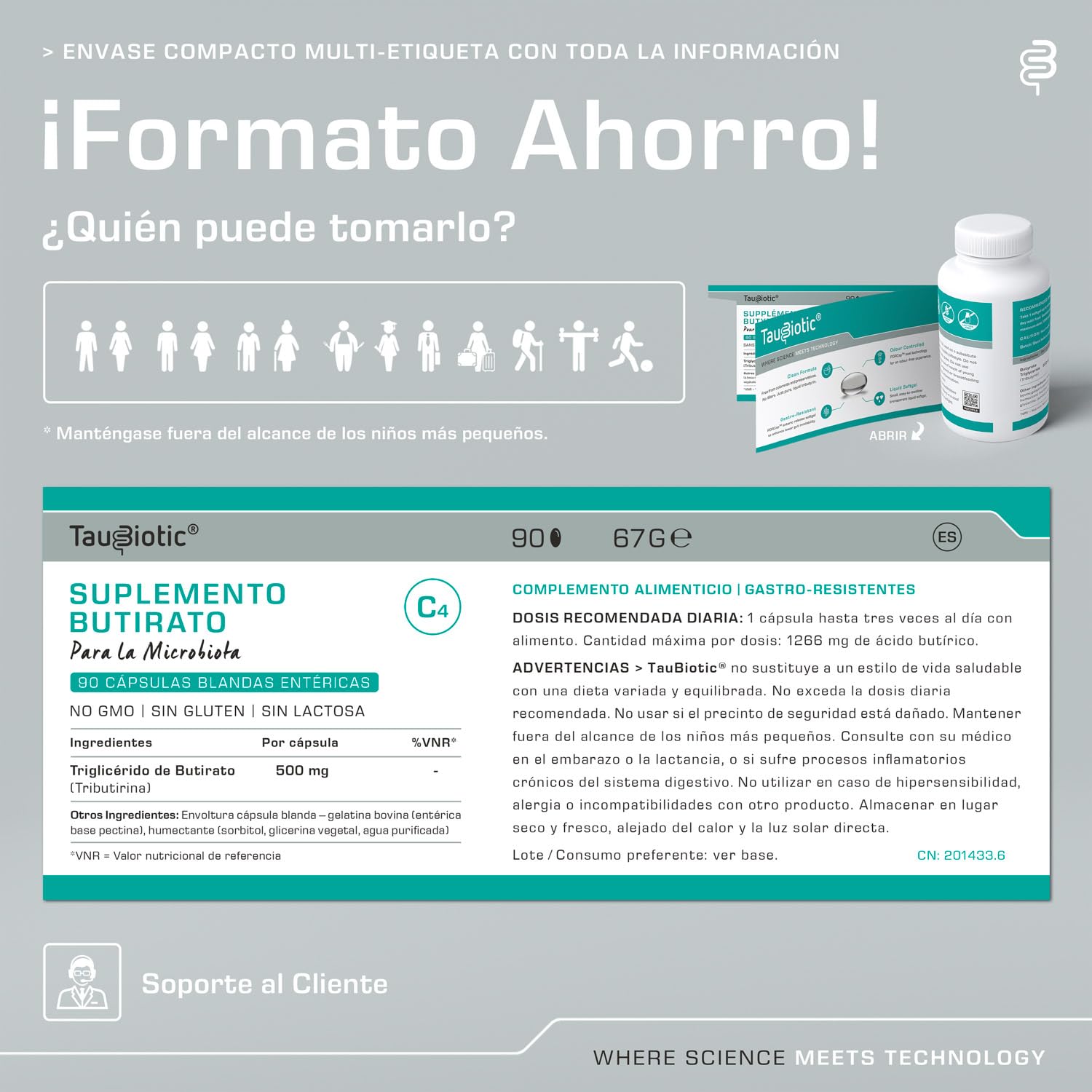 TauBiotic® de RedoxBox® - Suplemento de Butirato (tributirina 500 mg) para la Microbiota - 90 cápsulas blandas gastroresistentes