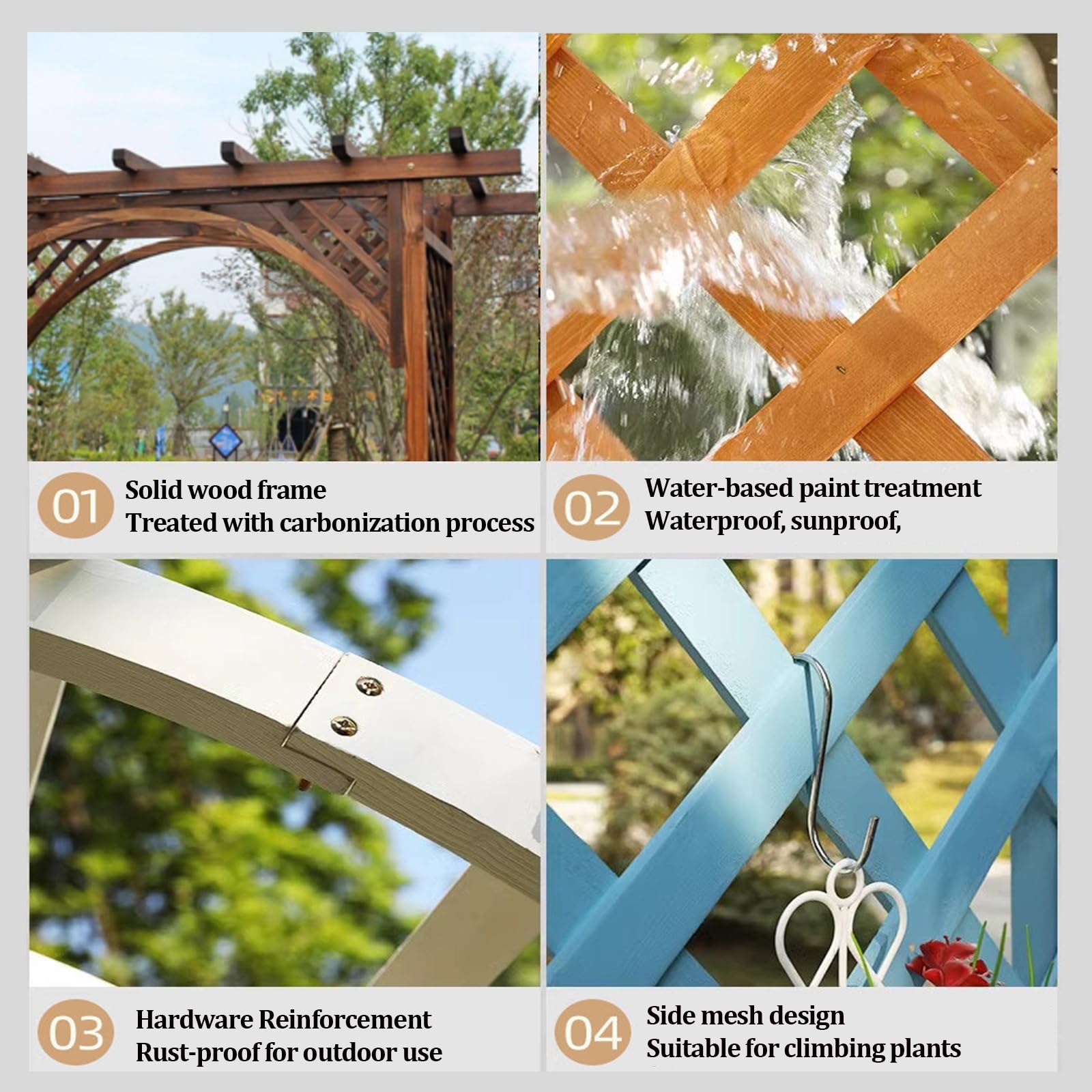 Karbonizowany drewniany łuk ogrodowy z kratą, altana pergola do roślin pnących, idealna do róż, dekoracji ogrodu i ulepszeń patio