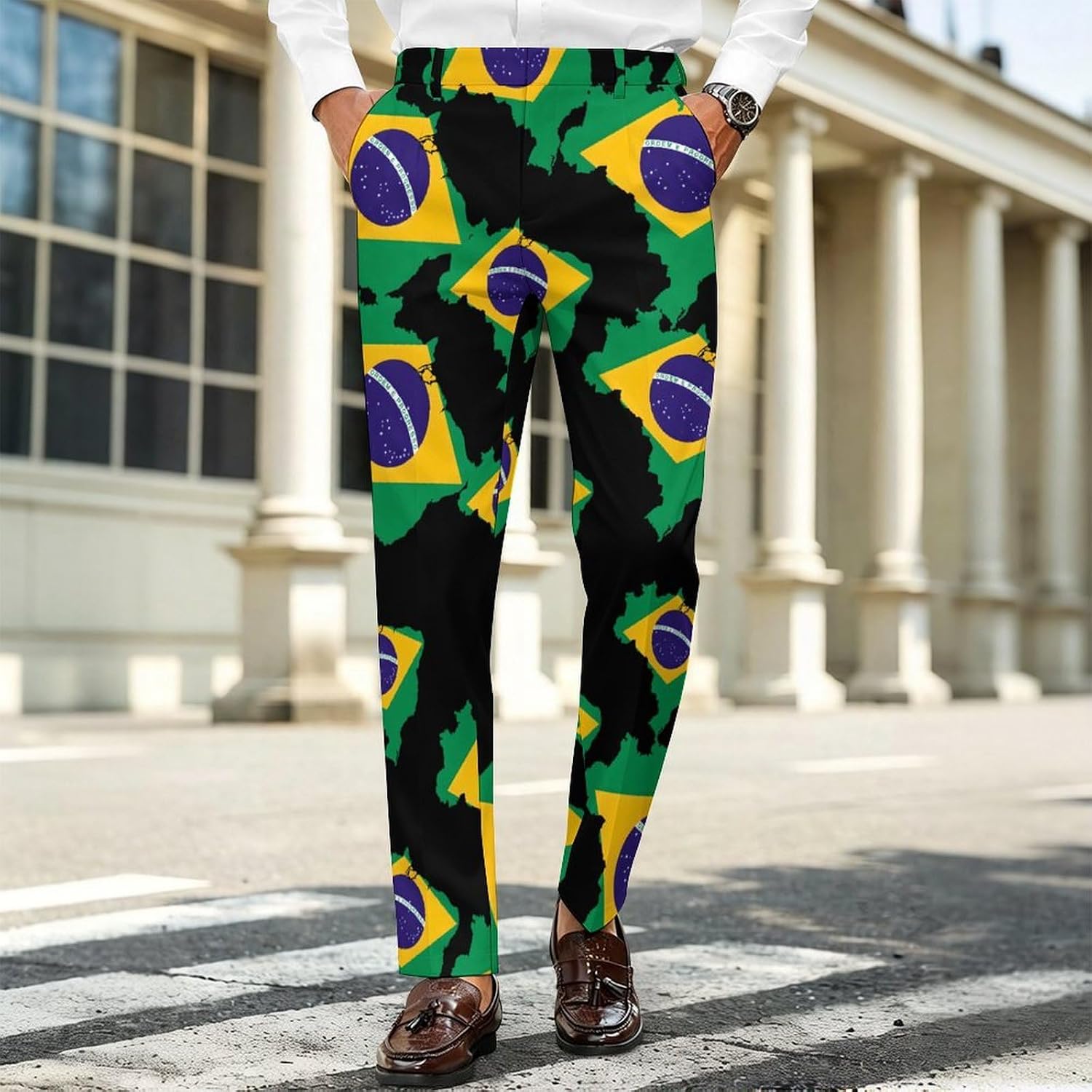 Flag Map of Brazil Men's Classic Fit Suit Pants Straight Leg Design Printed Trousers