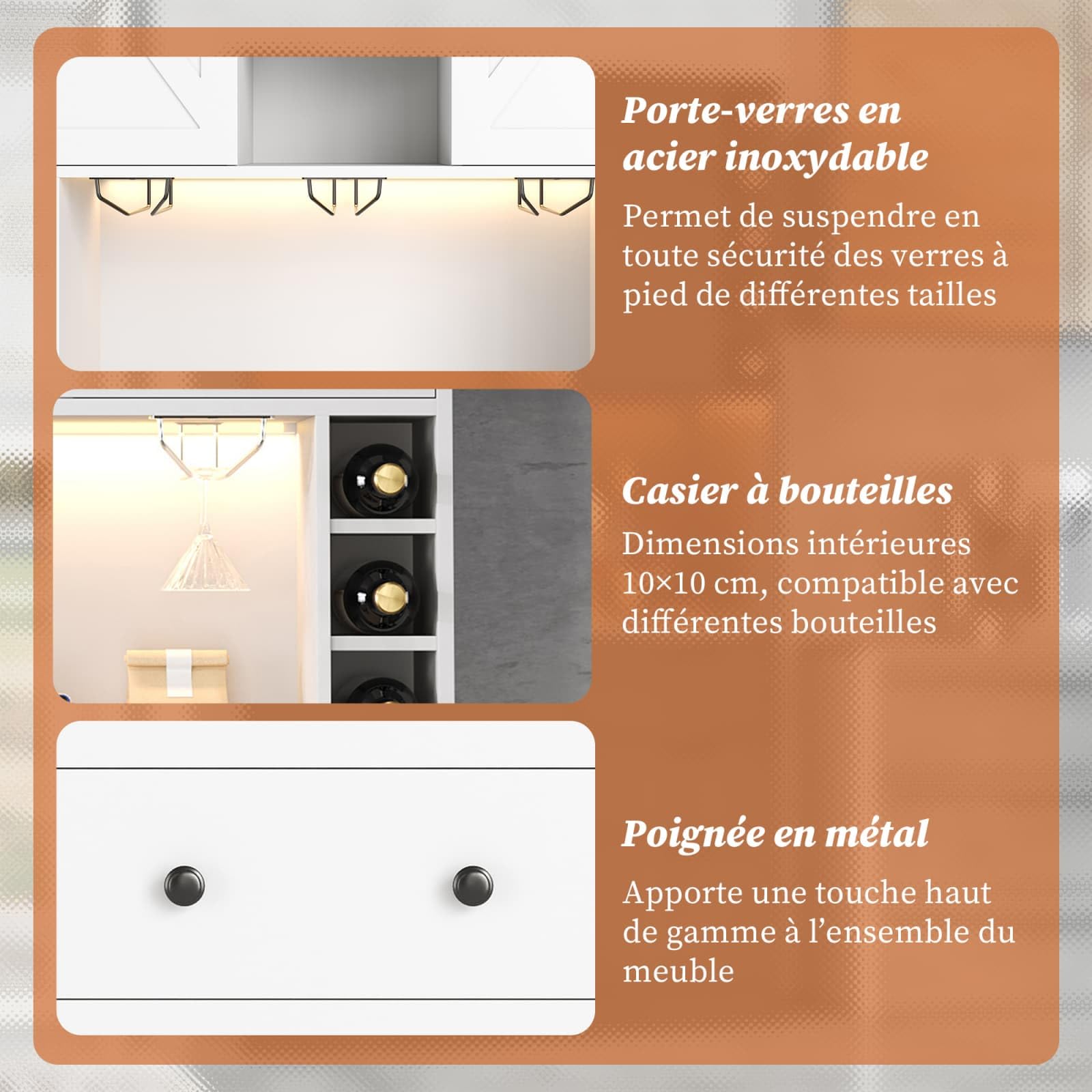 Sweiko Meuble de Cuisine avec Porte-Verres et Cave à Vin, Buffet Haute avec Prises et USB, Sideboard multifonctionnelle avec LED Intelligent, Plan de Travail