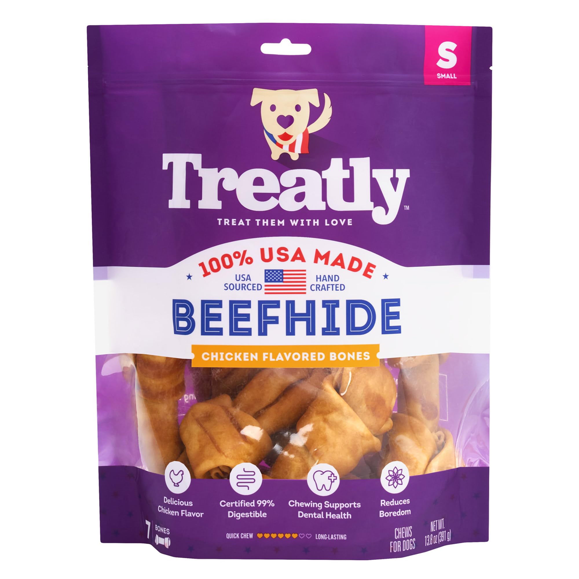 Treatly USA Beefhide Bones 5-6" Dog Chew Treats - Chicken Flavor, 7 Count/1 Pack