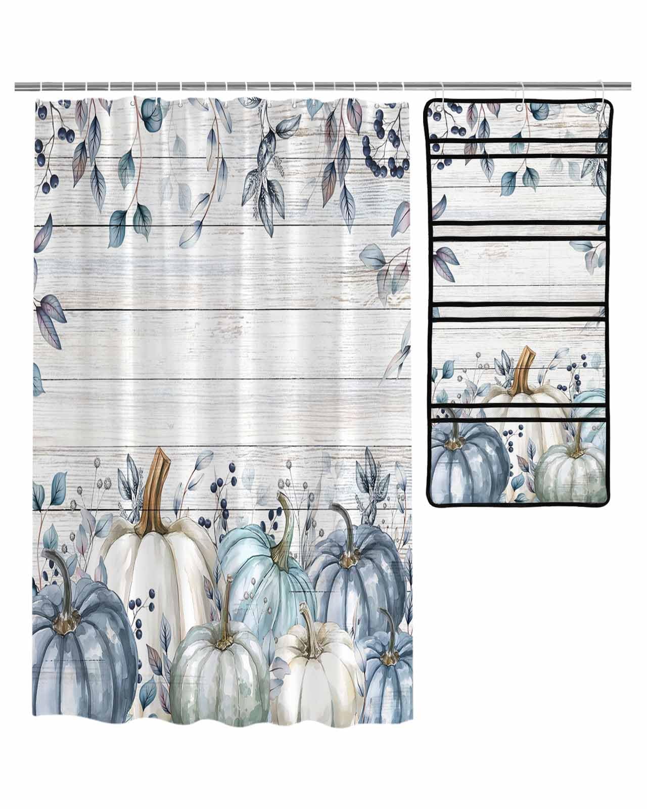 Decorative Shower Curtain Sets Fall Thanksgiving Fabric Waterproof Shower Curtains Autumn Pumpkin Blue Leaf Textured Wood Grain Mesh