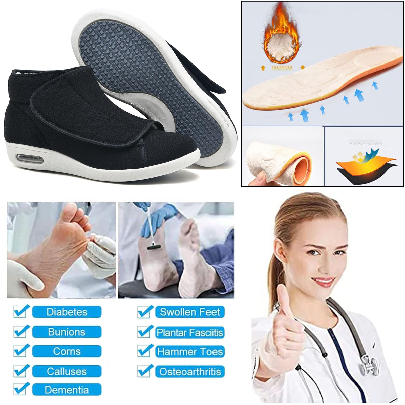 Winterschuhe Warm Diabetiker Schuhe, Herren Damen Extra Weit Gesundheit mit Klettverschluss Senioren Schuhe für Geschwollene Breite Füße Orthopädische Schuhe