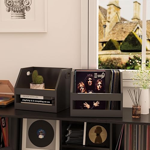 Miniatura 4 de YMYNY Soporte para almacenamiento de discos, caja de vinilo con asa, estante de libros, organizador de escritorio trapezoidal LP para carpetas,