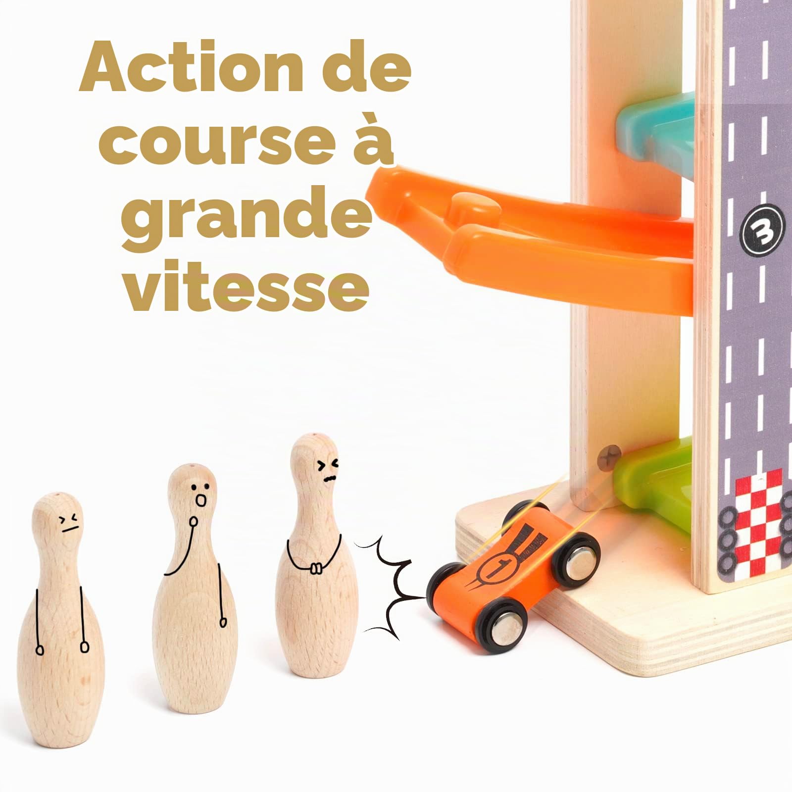 Voiture Rampe de Course Jouets, Circuit Rampe avec 4 Mini Voitures et 3 Boules de Bowling, Toboggan Bois, Glissière en Zigzag Jeu pour Enfants 1-3 Ans