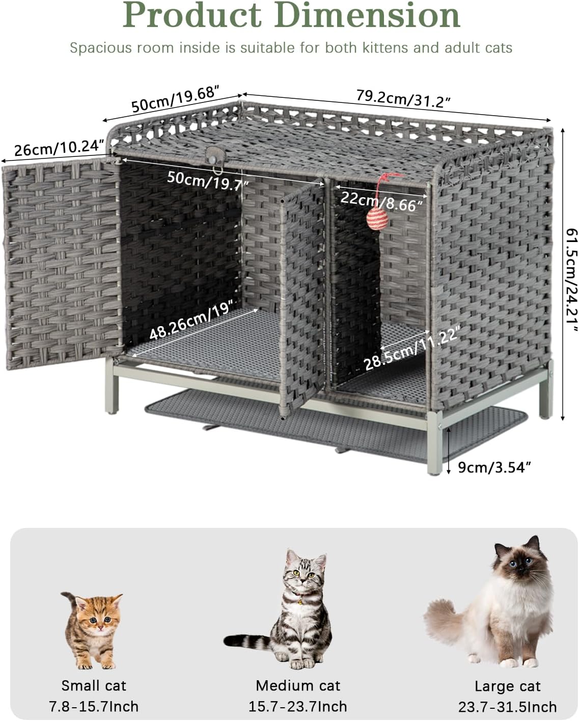 SETVSON Cat Litter Box Enclosure Furniture with Divider, Handwoven Rattan Litter Box with Mat, 31.2 x 19.6 x 24.2 Inches, Metal Heightened Feet, Hidden Cat House for Living Room, Bedroom (Gray)