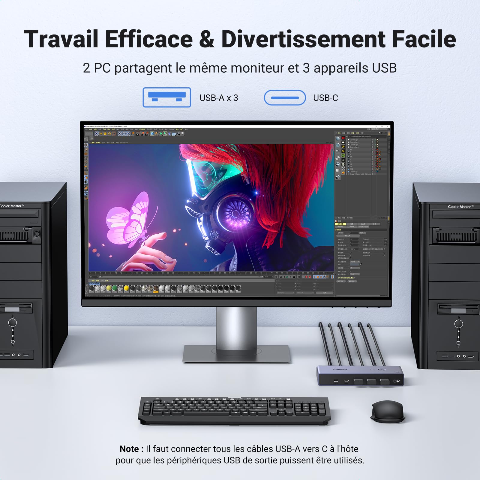 UGREEN Switch KVM Displayport 1.4 8K 60Hz 2 Entrées 1 Sortie Commutateur | 4K 240Hz USB C 3 USB A pour Clavier Souris Disque Dur Imprimante Moniteur avec Contrôleur de Bureau 2 Câbles DP 1M