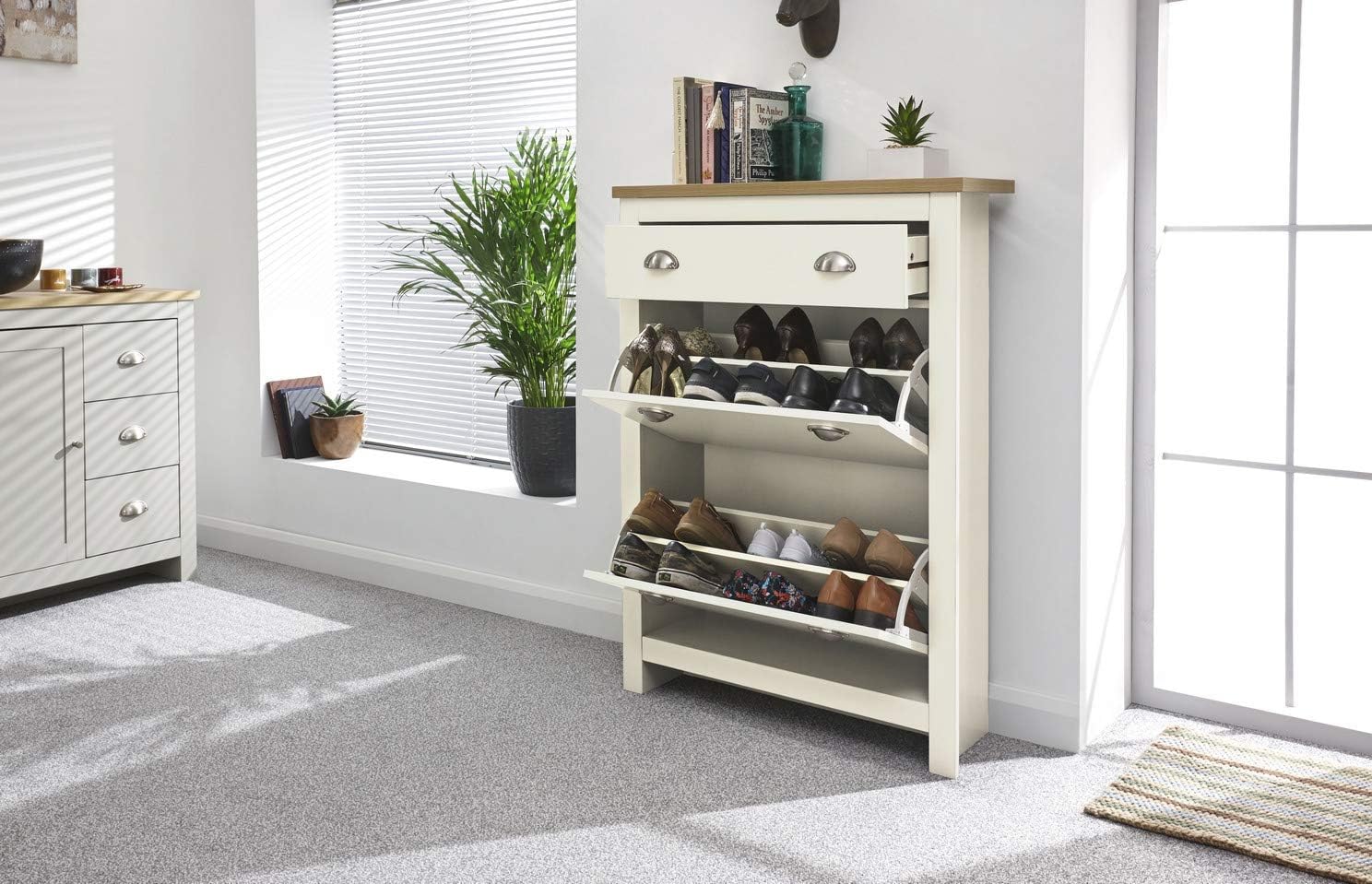 GFW Lancaster 2 Door 1 Drawer Foldable Shoe Cabinet Hallway & Bedroom Living Cream