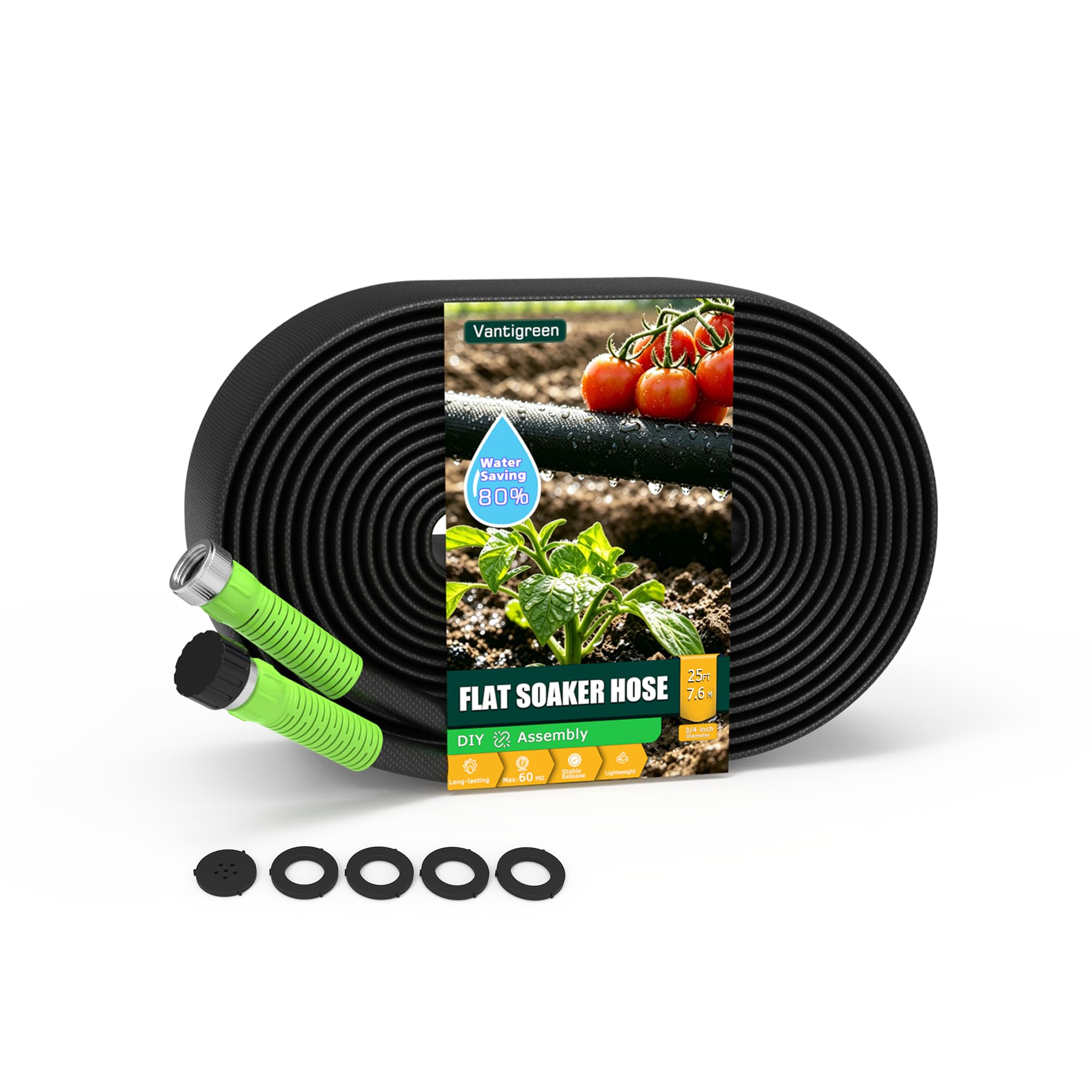 Flat Soaker Hose 25FT for Garden, Upgrade Drip Irrigation Hose with Anodized Metal Ends and Heavy Duty Double-Layer, Leakproof & Flexible Water Saving 80% Hose for Lawn, Beds, Vegetable