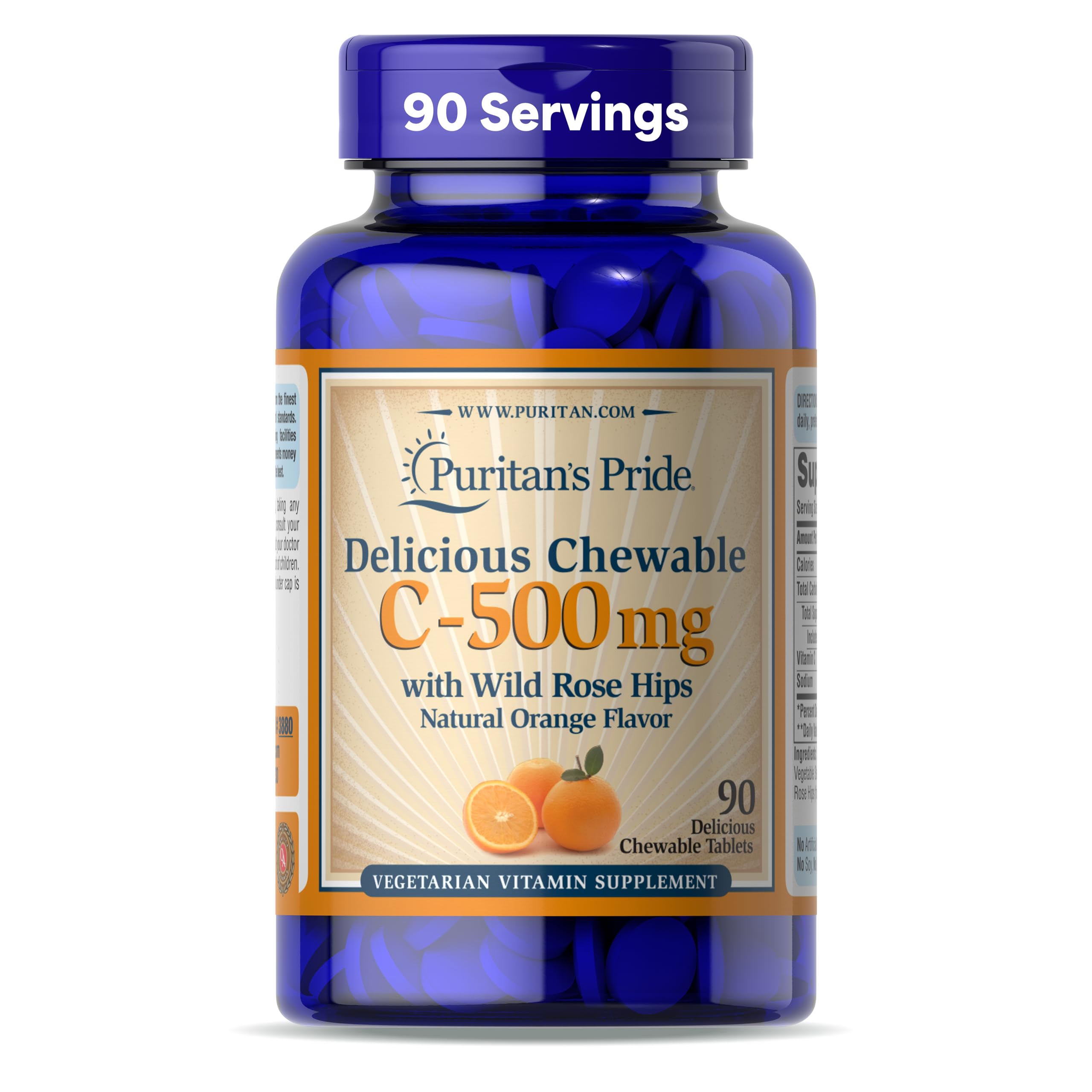 Delicious Chewable Vitamin C-500mg with Wild Rose Hips, Orange Flavor Chewables, 90 Count