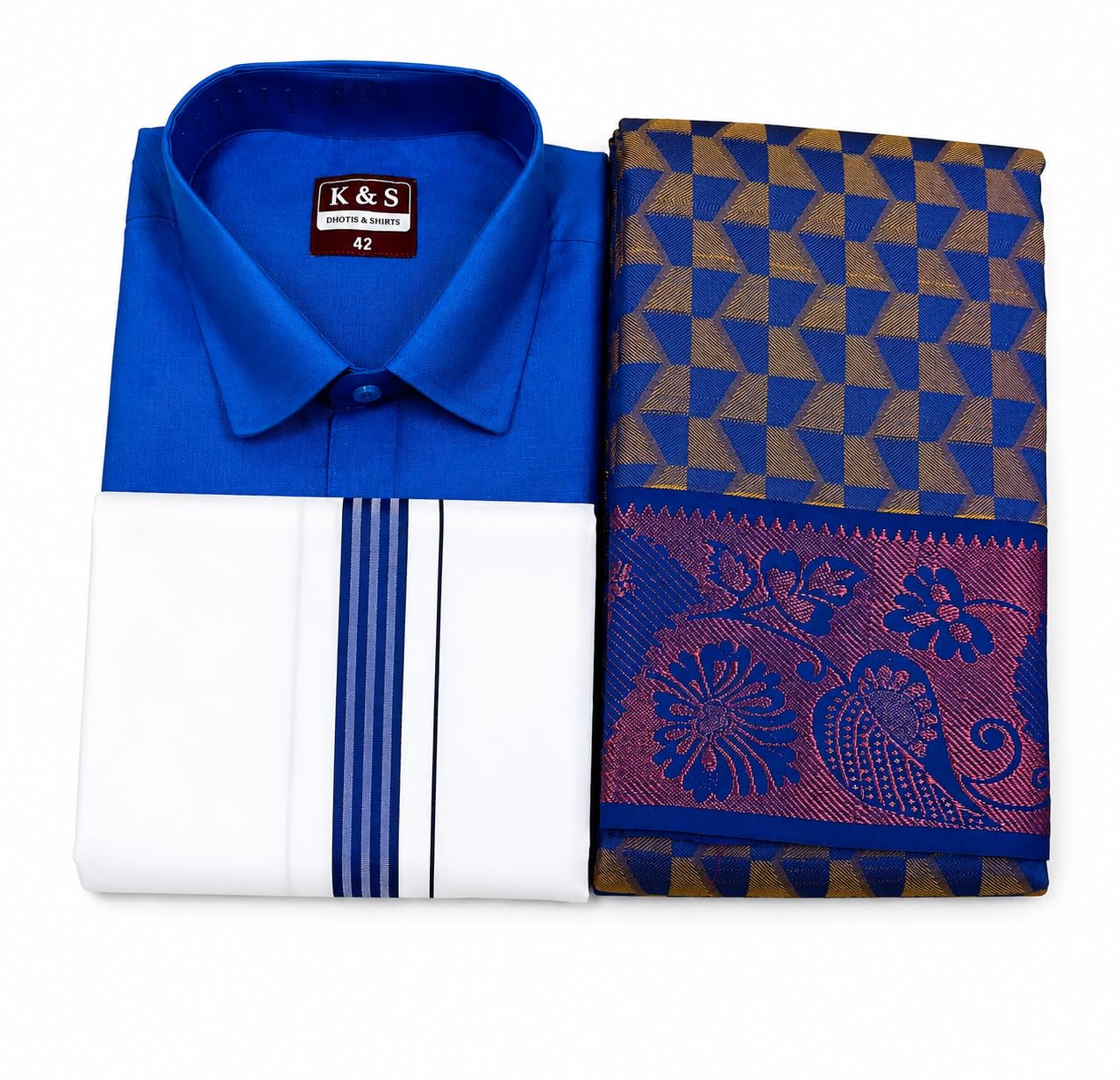 Senthoor Men's Dhoti and Shirt Set, Blue with Silk Border-image-42