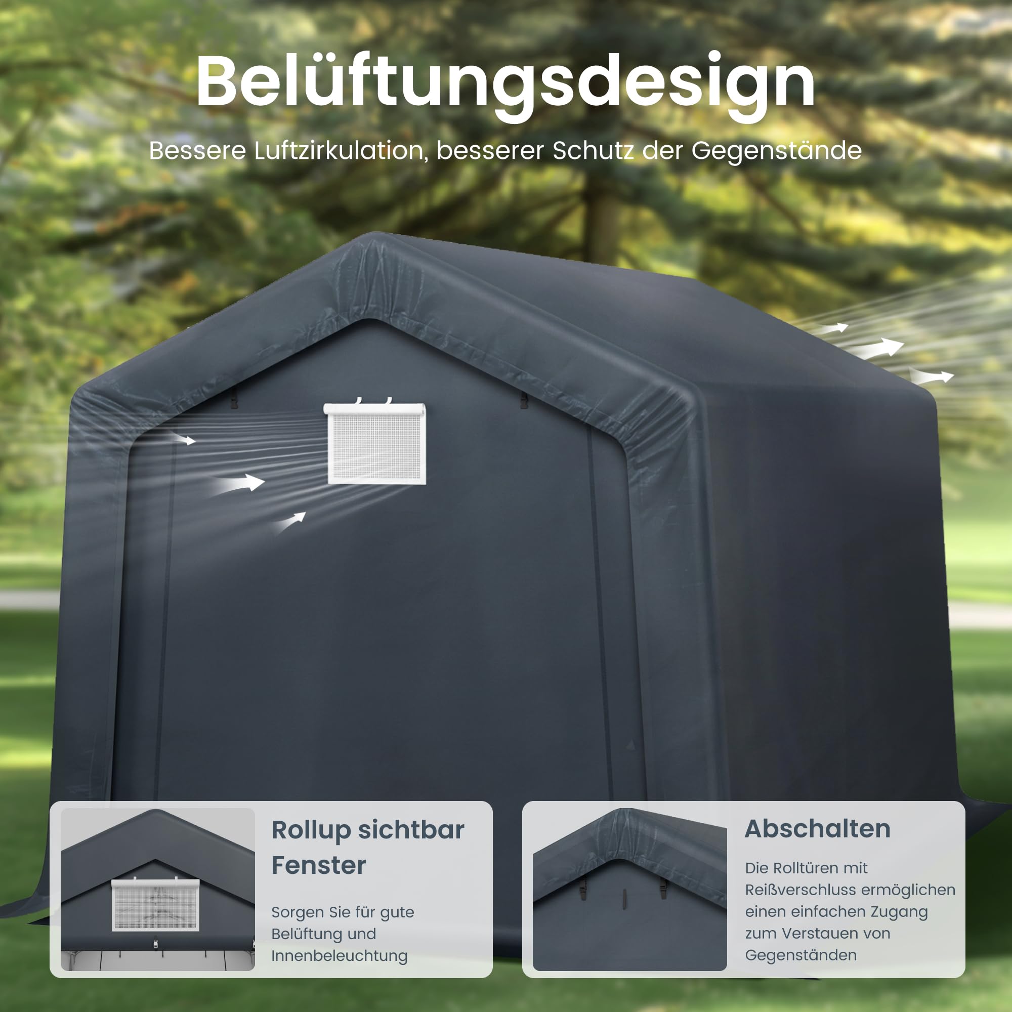PHI VILLA Geräteschuppen Gartenhütte 240x370x220cm Grau Wetterschutz Shelter 2 Türen