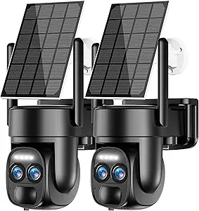 Uniter 4K Solar Security Camera Wireless Outdoor, 8MP 2.4GHz WiFi PTZ Camera Battery Powered, 360°View Home Security Systems with Color Night Vision,Spotlight Siren,PIR Sensor, 2 Pack, Black asin的图片