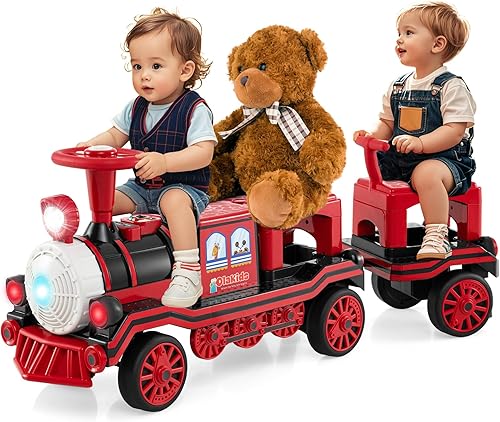 OLAKIDS Tren de paseo para niños de 3 plazas con carruaje sin rieles, juguete eléctrico de 12 V con silbato de tren, música, luces LED, 2