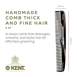 Kent 9T Black Graphite Fine Tooth and Wide Tooth Comb Detangler Hair Combs - Large Handmade and Saw-Cut Dressing Combs - Wet Hair Comb for Women and Durable Grooming for Men Made in England
