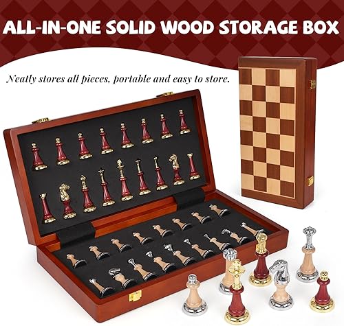 Miniatura 4 de Juego de ajedrez de madera de 17 pulgadas con piezas de ajedrez de metal y madera, juego de mesa de ajedrez de lujo con 2 reinas adicionales, juego