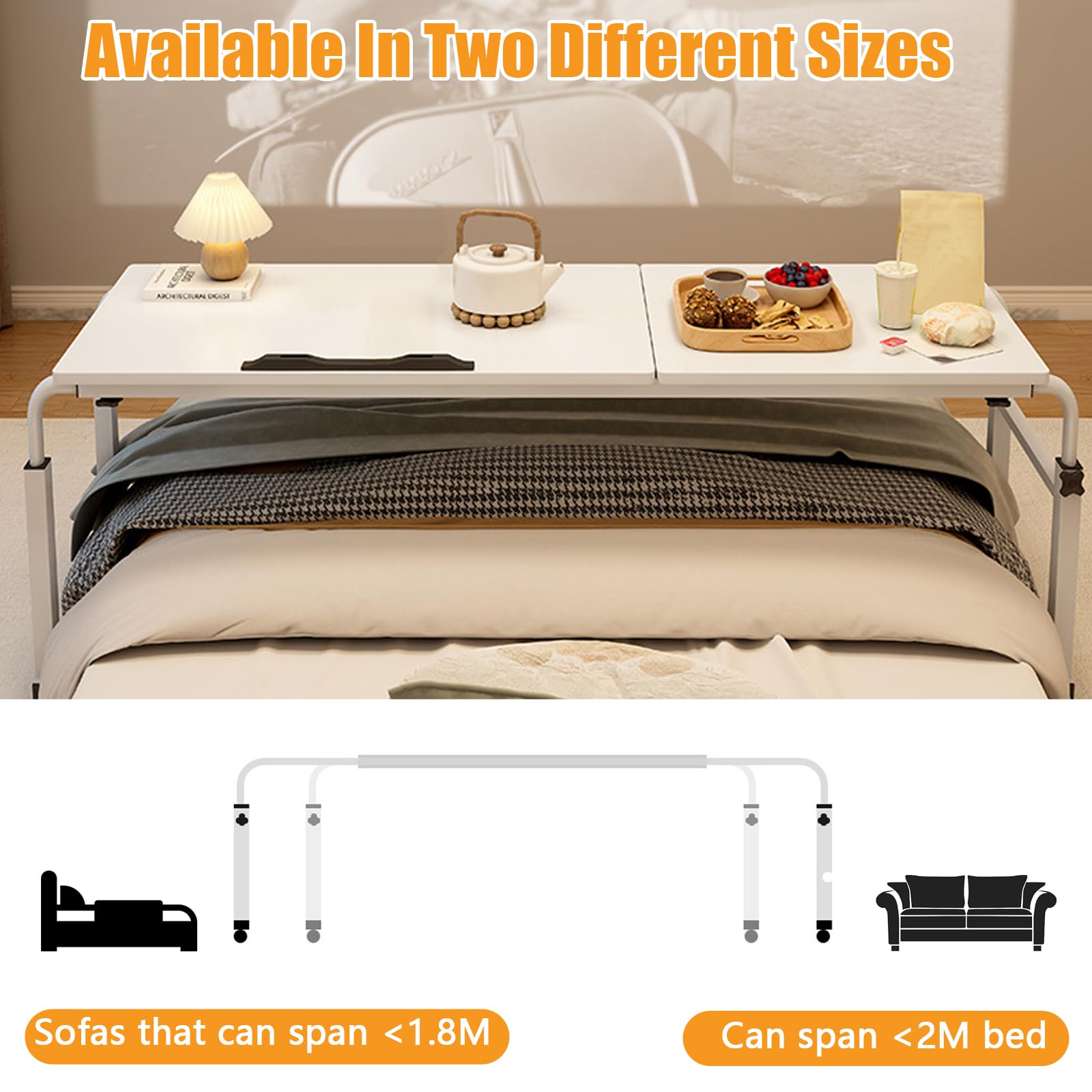 Mesa de cama con ruedas, 120 x 40 cm, mesa móvil sobre la cama, computadora portátil sobre la cama, altura ajustable, estante de inclinación, escritorio plegable, conveniente lectura y escritura, para