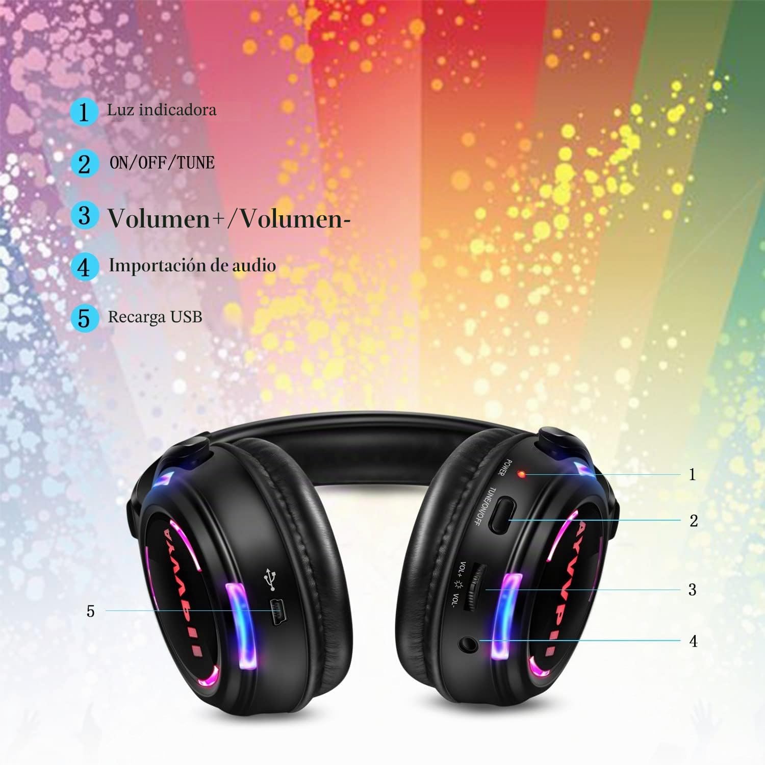Auriculares inalámbricos Recargables silenciosos para Discoteca RF LED, luz Intermitente, Paquete de 10 Auriculares y 1 transmisor de 500 m de Distancia