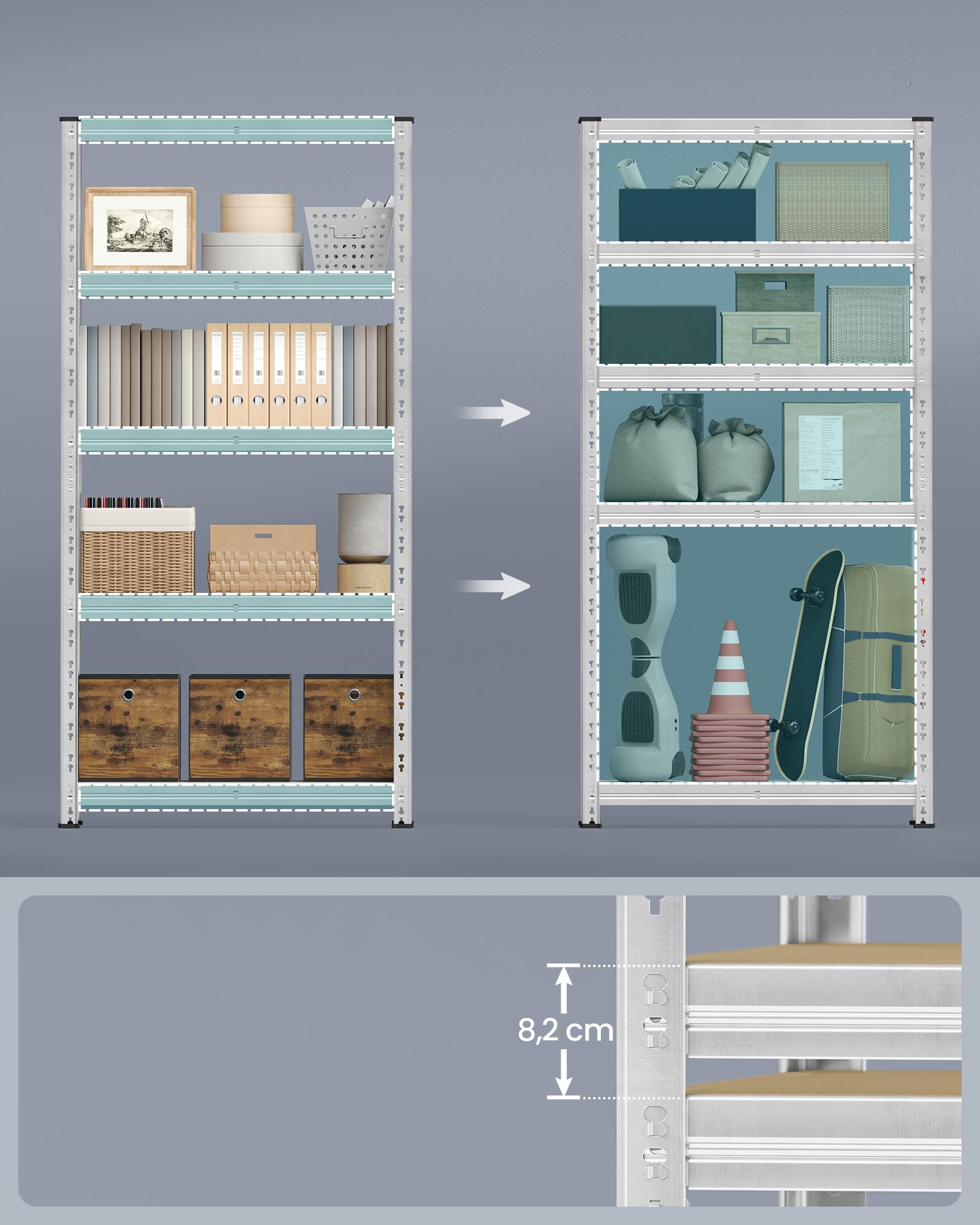 SONGMICS Étagère de Rangement Charge Lourde, Lot de 2, Étagère de Garage 40 x 90 x 180 cm, Capacité de Charge Jusqu’à 875 kg, Montage Facile, Tablettes Réglables, Argent GLR455E01