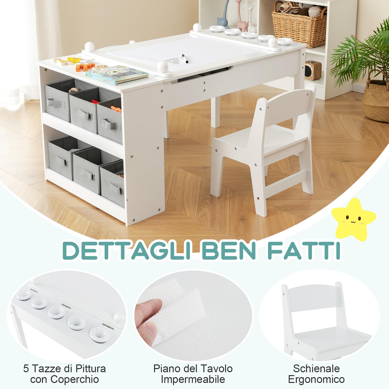 RELAX4LIFE Tavolo D'arte per Bambini con 2 Sedie, Legno, Piano Sollevabile, 6 Cassetti, 4 Tazze Pittura