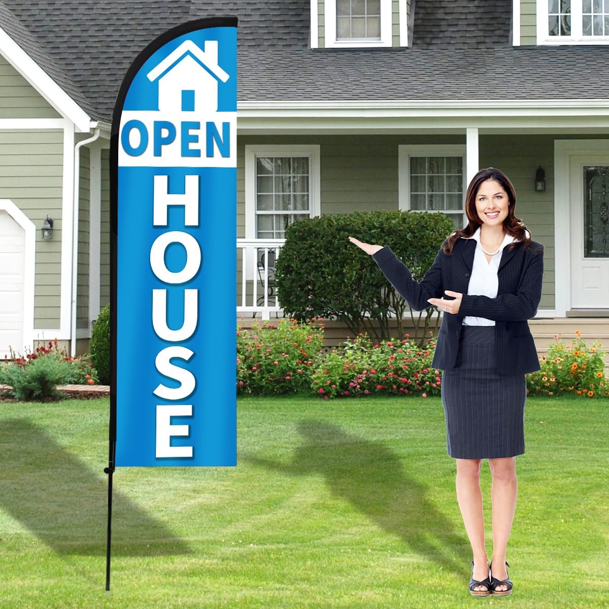 Open House Feather Flag, 8.2ft Open House Flag with Aluminum Pole and Ground Stake, Open House Signs for Real Estate for Outside Swooper Flag Advertisng Feather Banner (Blue)