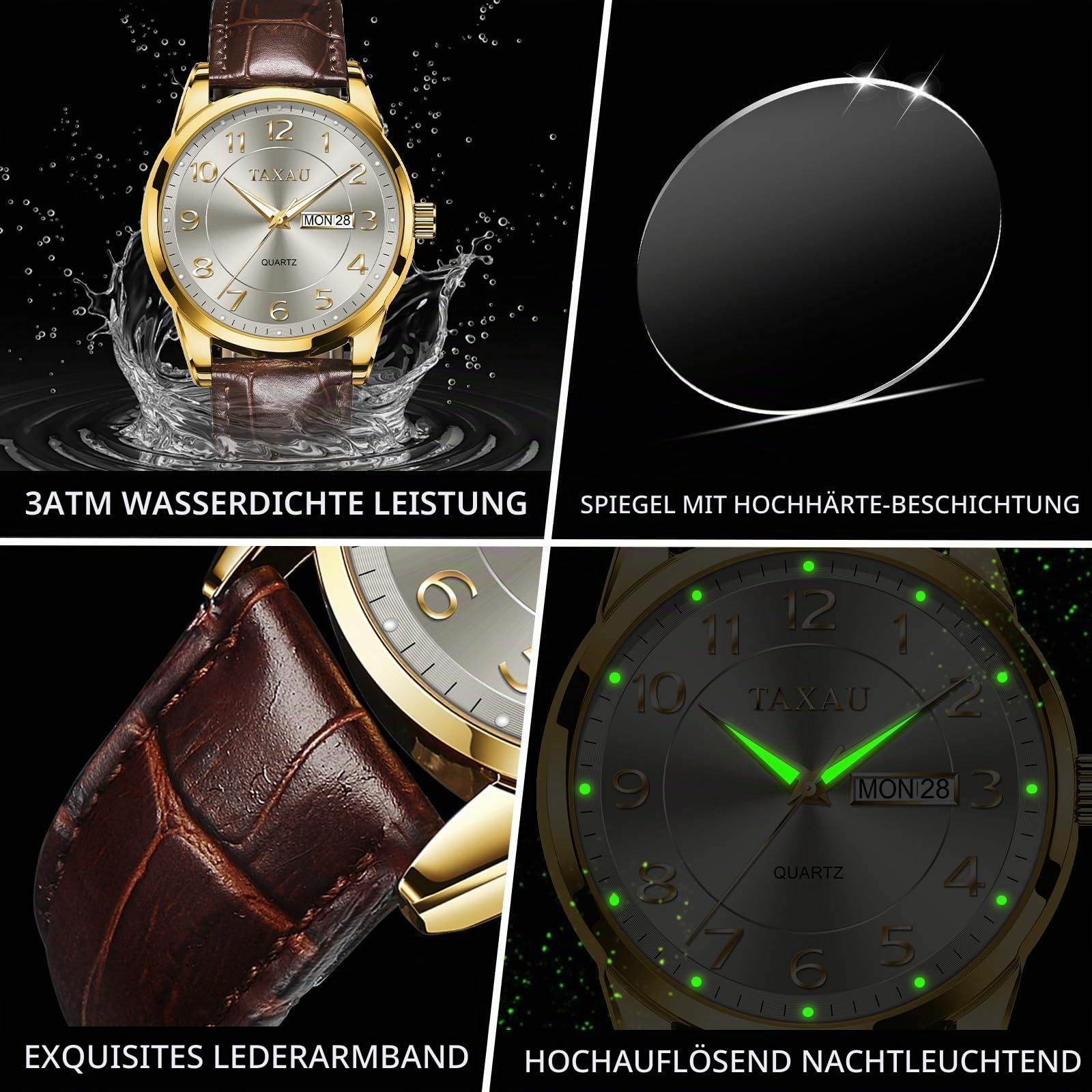 Taxau Herren Armbanduhr Leder Wasserdicht Business Herrenuhr Analog mit Arabischen Ziffern,Datums- und Wochentagsanzeige,Klassische Freizeit Uhr,Luxus Armbanduhr für Büro,Hochzeit