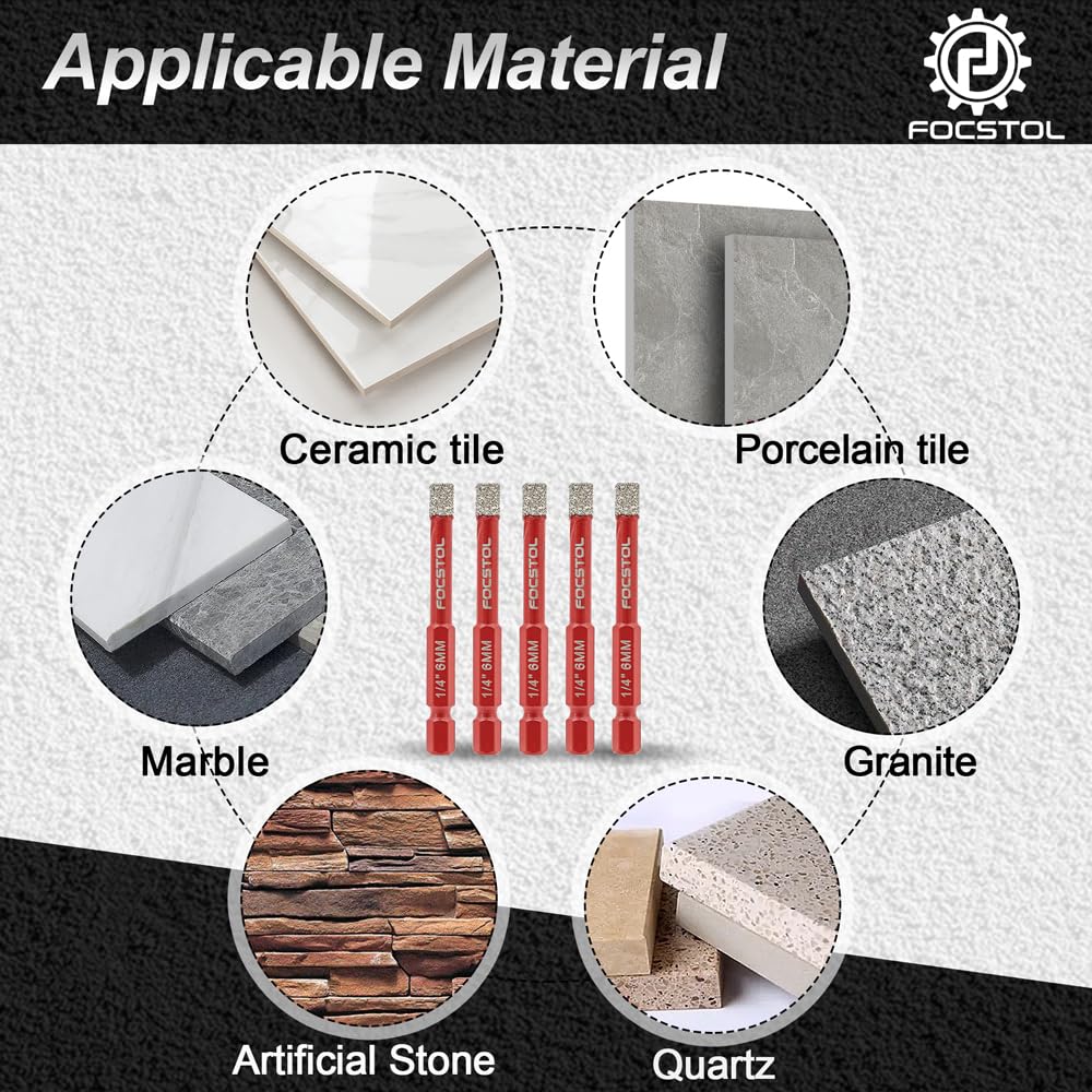 FOCSTOL Secco Punte Trapano Diamantate - 5 pezzi 6mm Kit Sega a Tazza Diamantata con Attacco Esagonale a Cambio Rapido per Gres Porcellanato Ceramica Granito Marmo