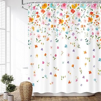 JAWO Floral Shower Curtain Set, Spring Floral Plant Shower Curtains for Bathroom, Colorful Flowers Modern Minimalist White Cloth Polyester Fabric Bathroom Curtain Home Decor Set with Hooks, 72x72