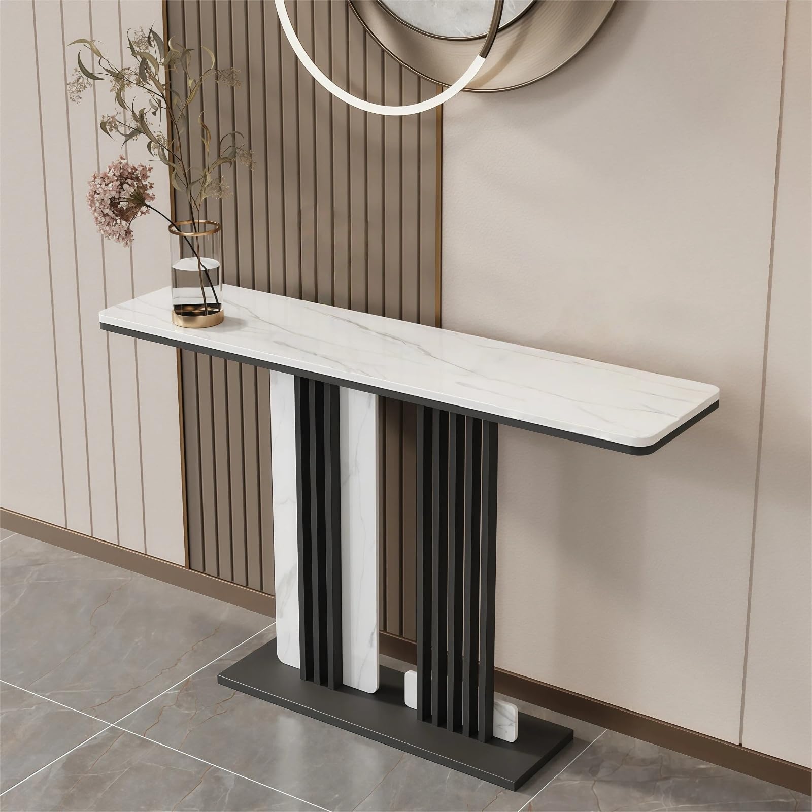 Consolle in pietra sinterizzata, tavolo moderno con doghe per ingresso o soggiorno, design sottile per la decorazione della casa