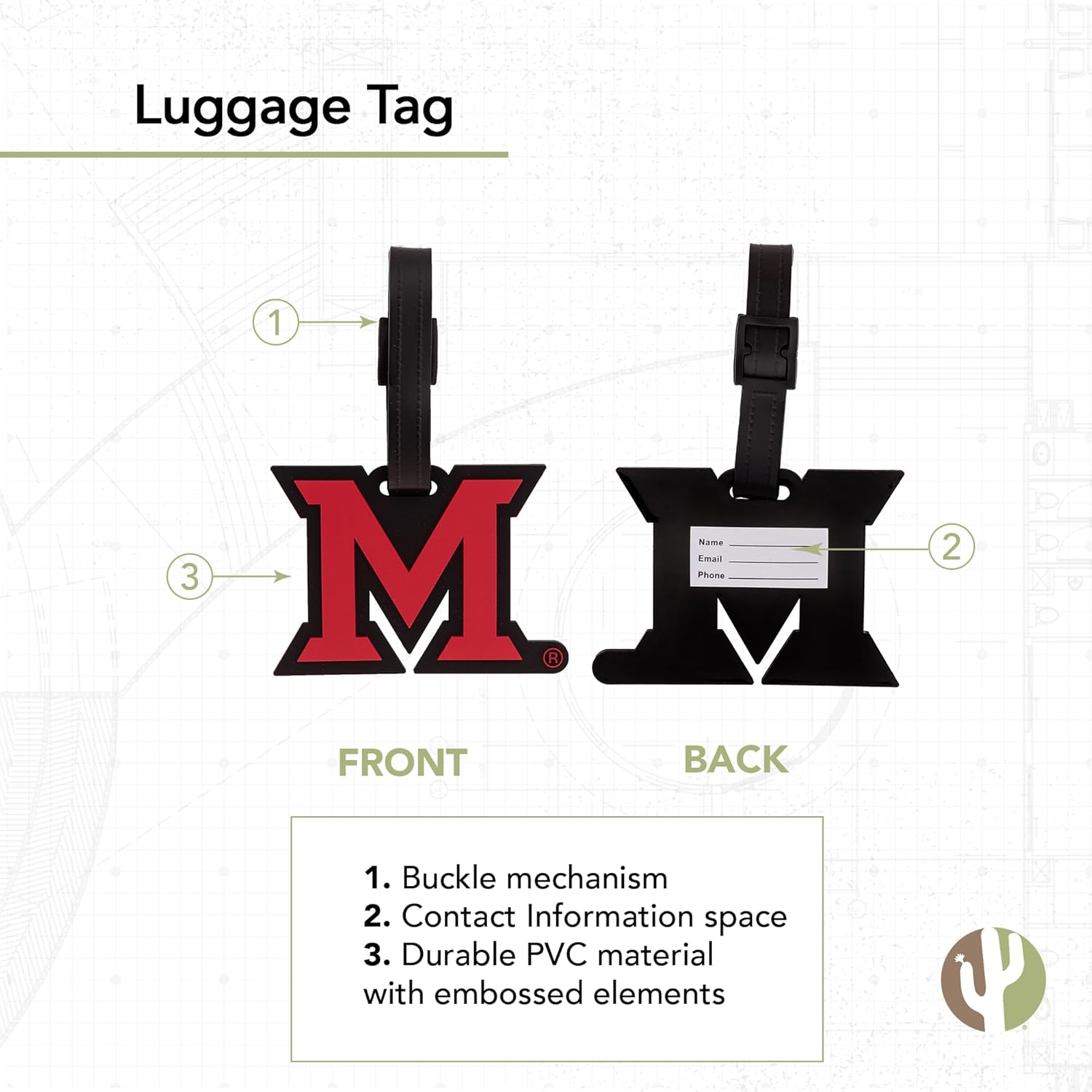 Desert Cactus Miami University Ohio Luggage Tag MU Redhawks Durable PVC Travel ID Label for Bags and Backpacks (Design A) (Pack of 2)