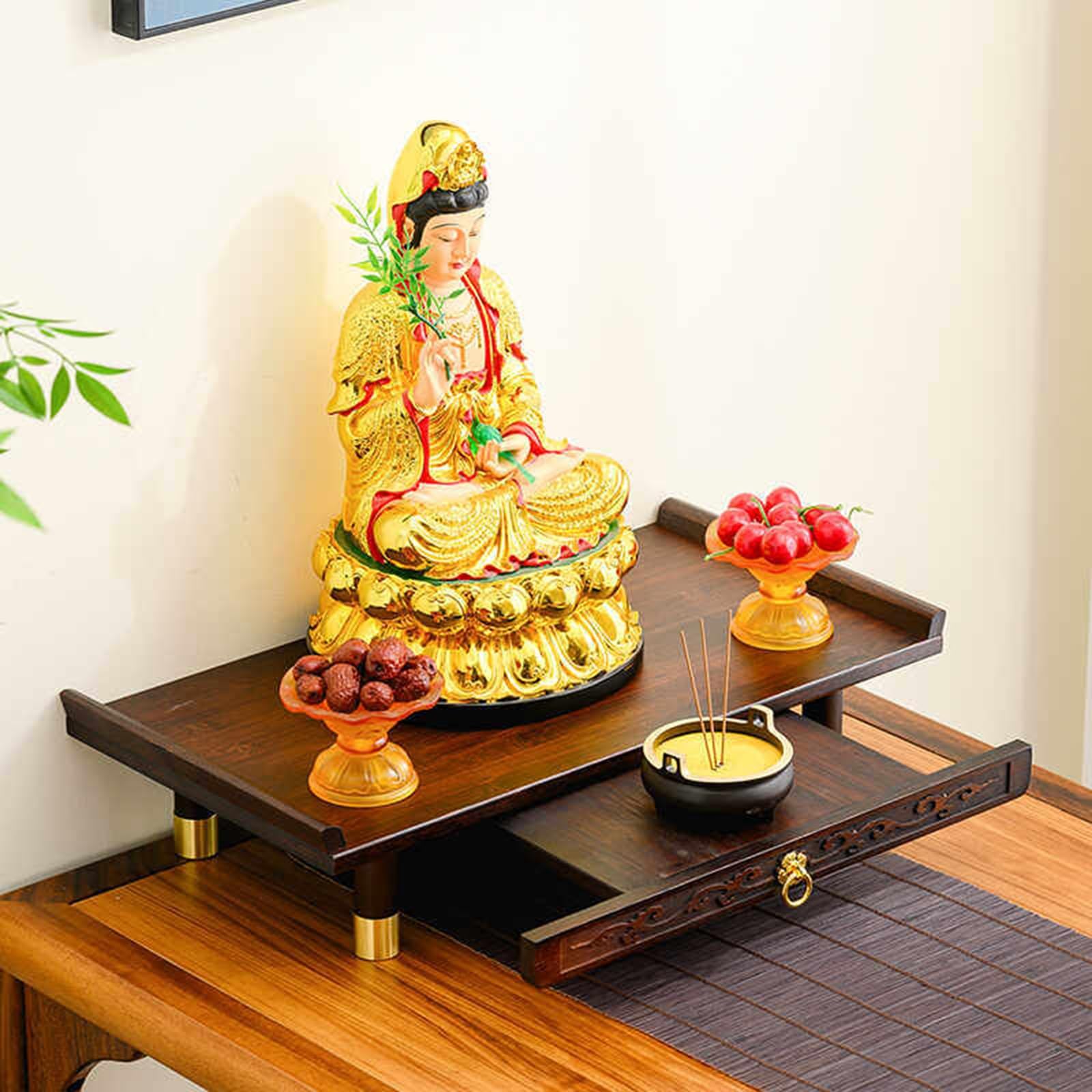 Estante de madera para altar budista con cajón extraíble para santuario de meditación, tributo al incienso Pooja