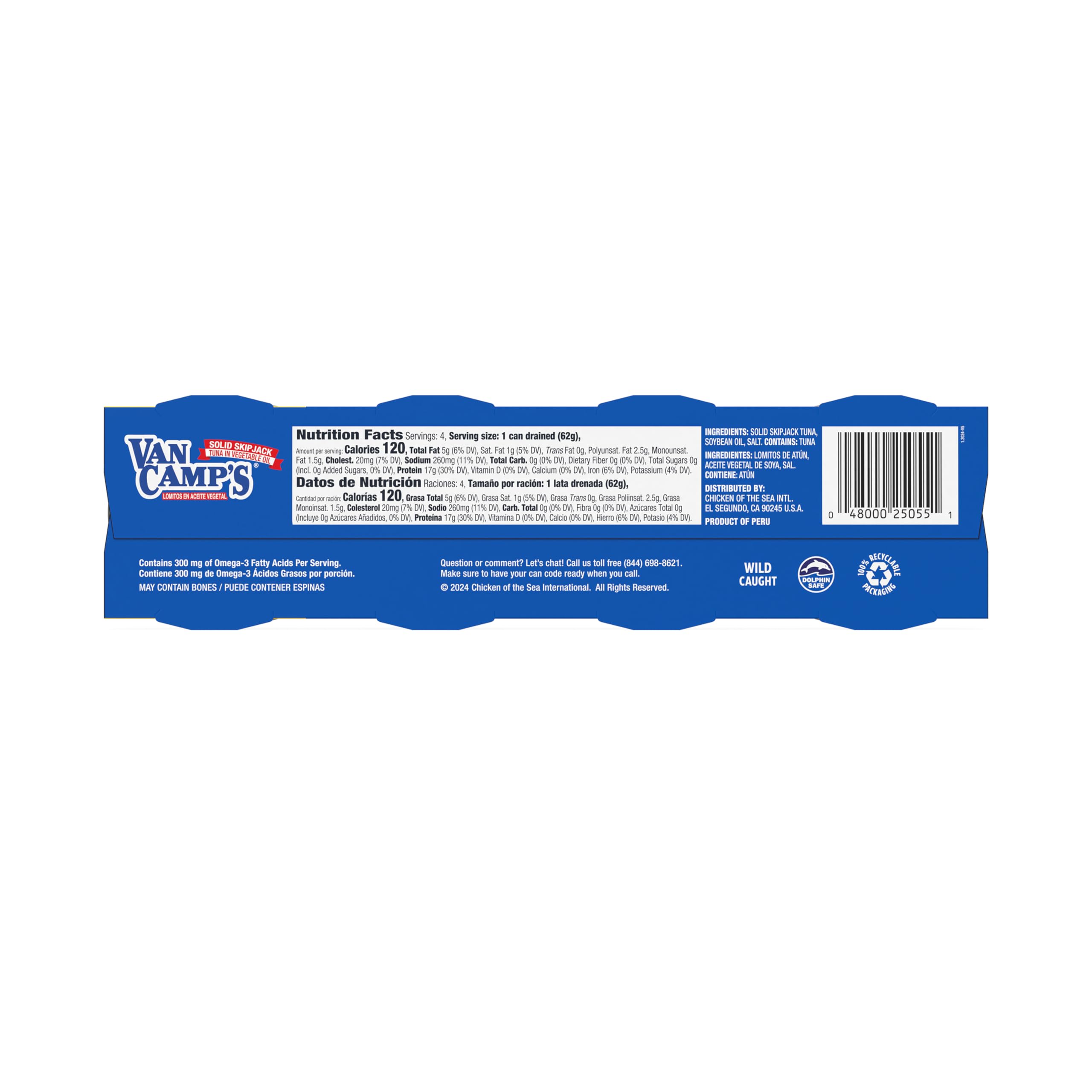 Van Camp's Seafood Solid Skipjack Tuna in Oil, 4-3 oz. Cans (Pack of 6), Wild Caught Canned Tuna