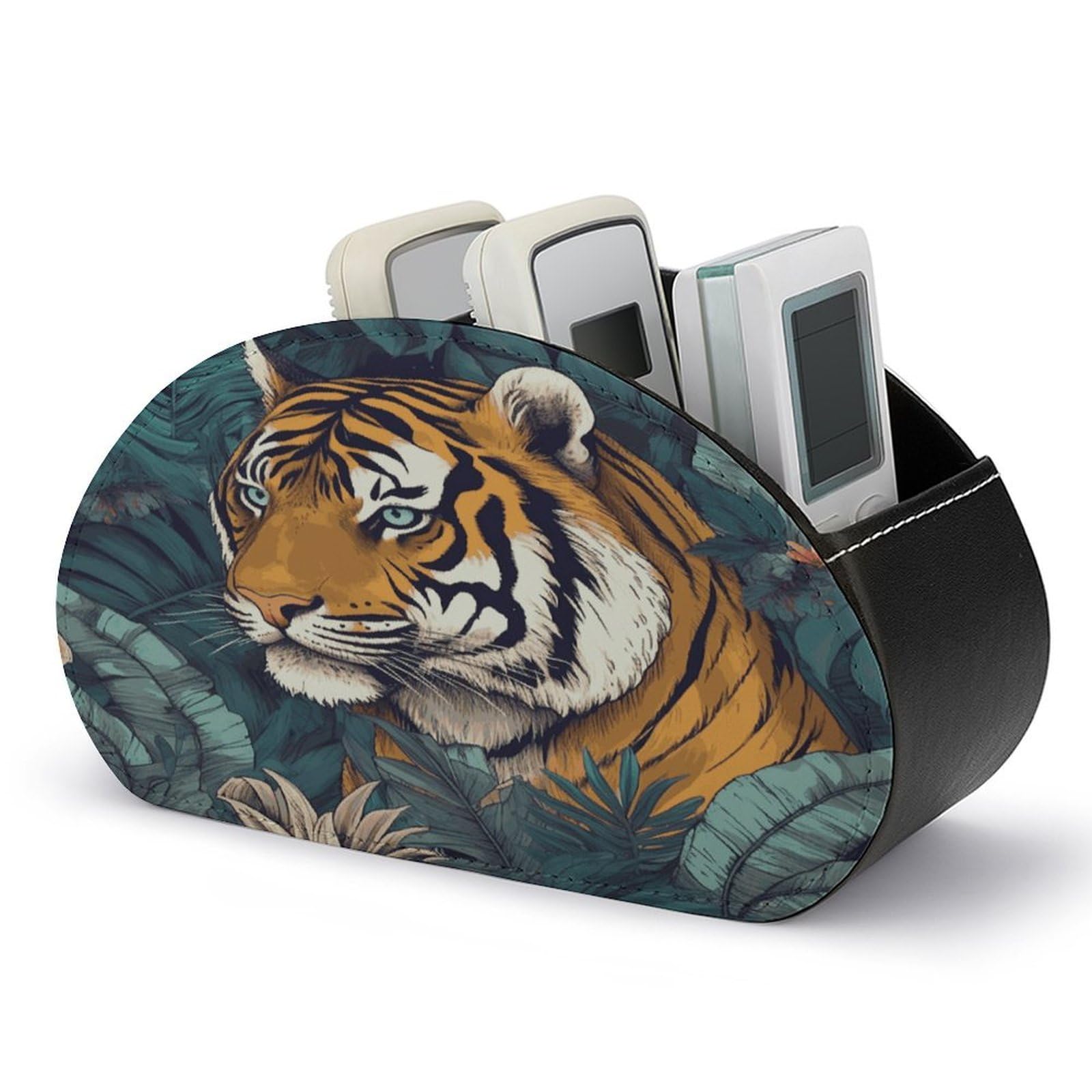 FekiLoot Tropical Tiger Remote Control Holder, PU Leather Remote Control Organizer Box Stationery Remote Control Box Desk Storage Organizer for DVDs,Glasses,Pens,Media Players