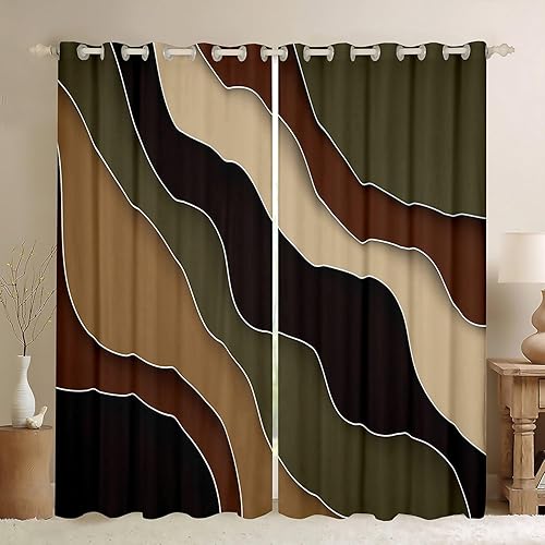 Miniatura 41 de Cortina de ventana retro a rayas verdes y marrones, cortinas onduladas abstractas 3D para niños, niñas, mujeres y adultos, decoración de habitación