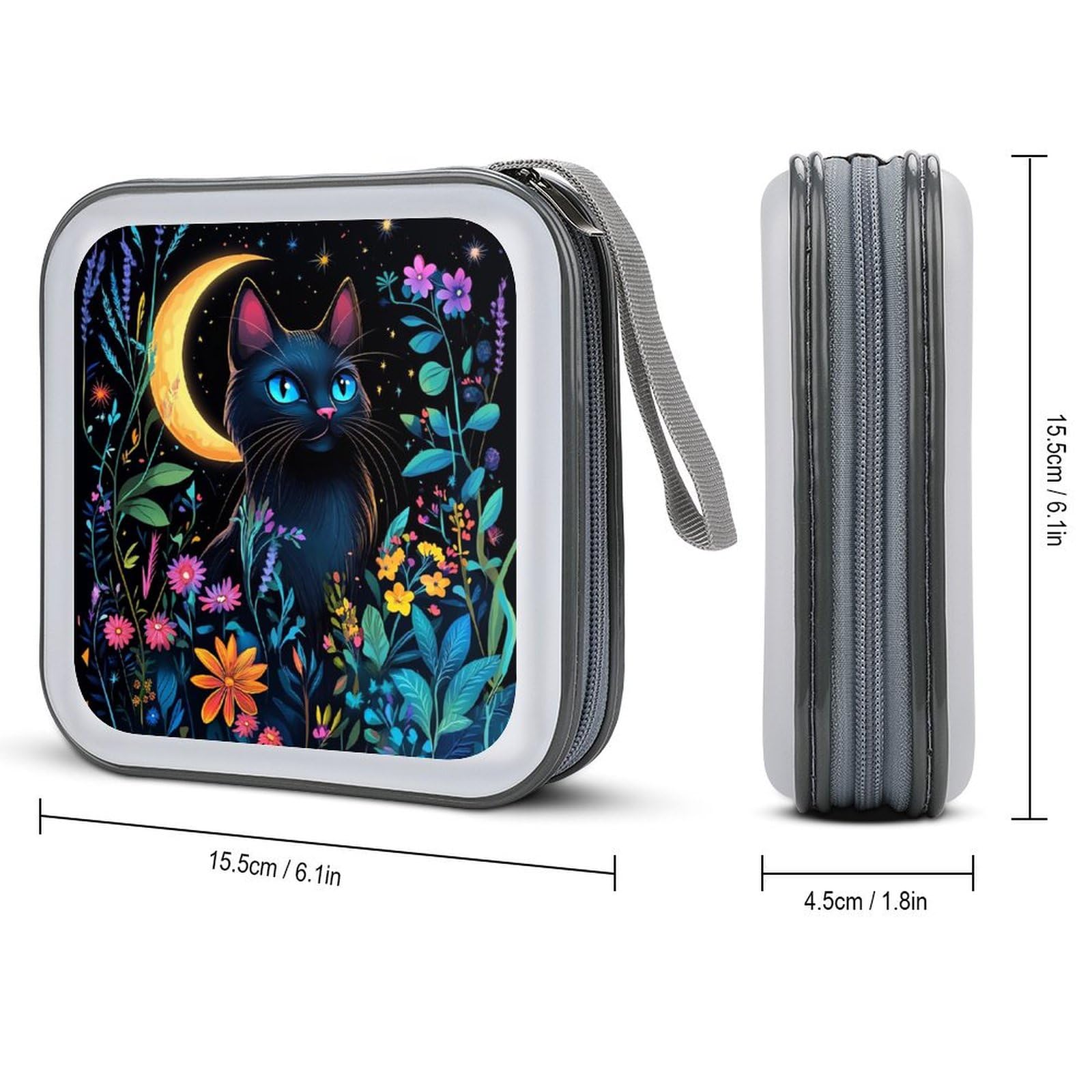 Black Cat With Flowers CD Case Plastic DVD Case Holder Wallet Disc Storage Organizer for Car Travel