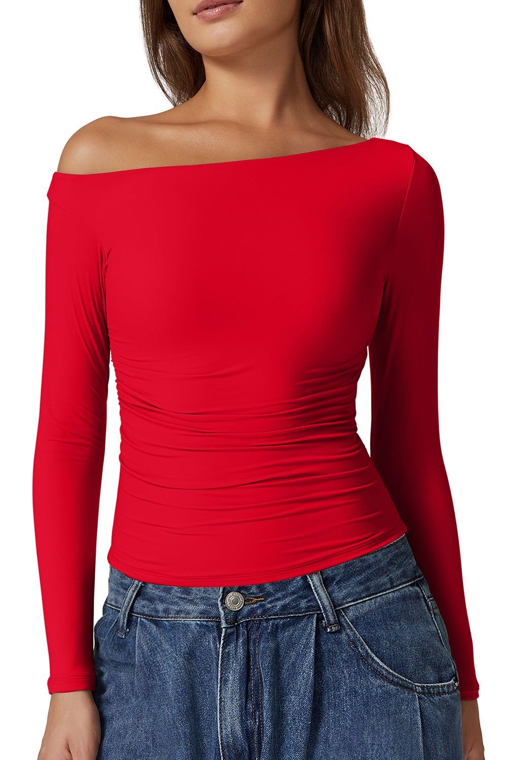 QINSEN Women's Sexy Off Shoulder Shirt Long Sleeve Double Lined Tops Side Ruched Fitted Tees