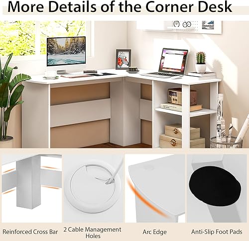 Miniatura 6 de Tangkula Escritorio blanco en forma de L con estantes de almacenamiento, escritorio de computadora de esquina de madera, estación de trabajo de